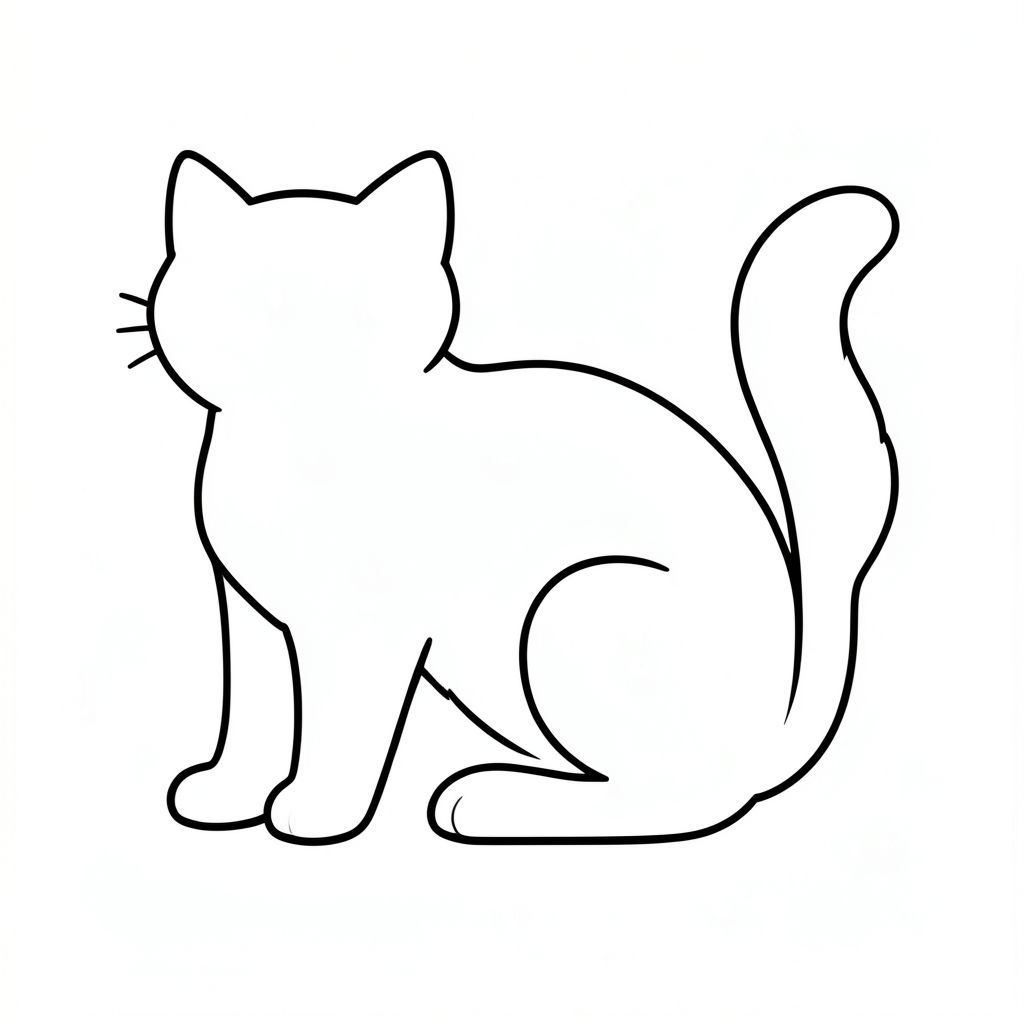 Một đường viền đơn giản và trắng của một con mèo. Một đường viền màu trắng duy nhất của đuôi được định vị một cách tinh tế trong hình dạng của con mèo. Nền là một mặt phẳng, trắng., trang tô màu đen trắng, phong cách lowbook, nghệ thuật đường nét, đơn sắc, không màu, không bóng, không xám, không điền, nền trắng, chỉ phác thảo, phong cách vector, thiết kế phẳng, 2d, chính xác một đuôi duy nhất, hoàn toàn không tô màu đen, nội thất trắng tinh khiết, không có miếng mực, không văn bản, không từ, không tiêu đề, hoàn toàn không có màu,  Chỉ Pure Black and White Linarts