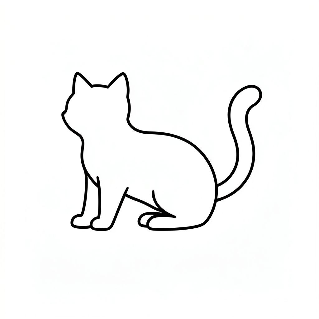 Một hình bóng nhỏ, của một con mèo.

Một khu vực đơn giản, , tạo thành nền.

Một đường viền duy nhất của một cái đuôi có mặt.

Nền hoàn toàn trắng., tranh tô màu đen trắng, phong cách lowbook, nghệ thuật đường nét, đơn sắc, không màu, không bóng, không xám, không tô màu, nền trắng, chỉ phác thảo, phong cách vector, thiết kế phẳng, 2d, chính xác một đuôi duy nhất, hoàn toàn không tô màu đen, nội thất trắng tinh khiết, không có miếng mực, không có văn bản, không từ, không tiêu đề, hoàn toàn không màu, chỉ nghệ thuật đen trắng thuần túy