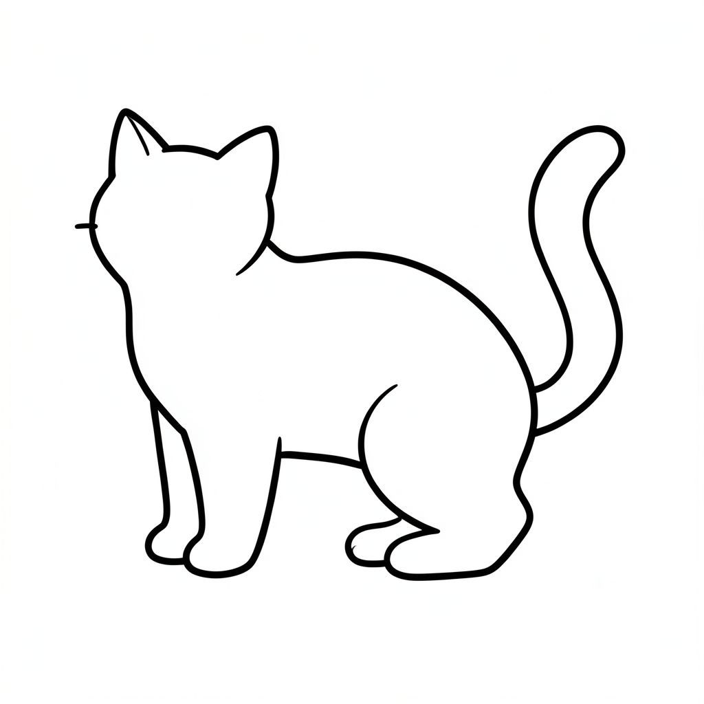 Một phác thảo đơn giản của một con mèo. Một duy nhất, giống như sóng trắng kéo dài từ phía sau., trang tô màu đen trắng, phong cách lowbook, nghệ thuật đường nét, đơn sắc, không màu, không bóng, không xám, không tô màu, nền trắng, chỉ phác thảo, phong cách vector, thiết kế phẳng, 2d, chính xác một đuôi duy nhất, hoàn toàn không tô màu đen, nội thất trắng tinh khiết, không có miếng mực, không có văn bản, không từ, không tiêu đề, hoàn toàn không màu,  Chỉ Pure Black and White Linarts