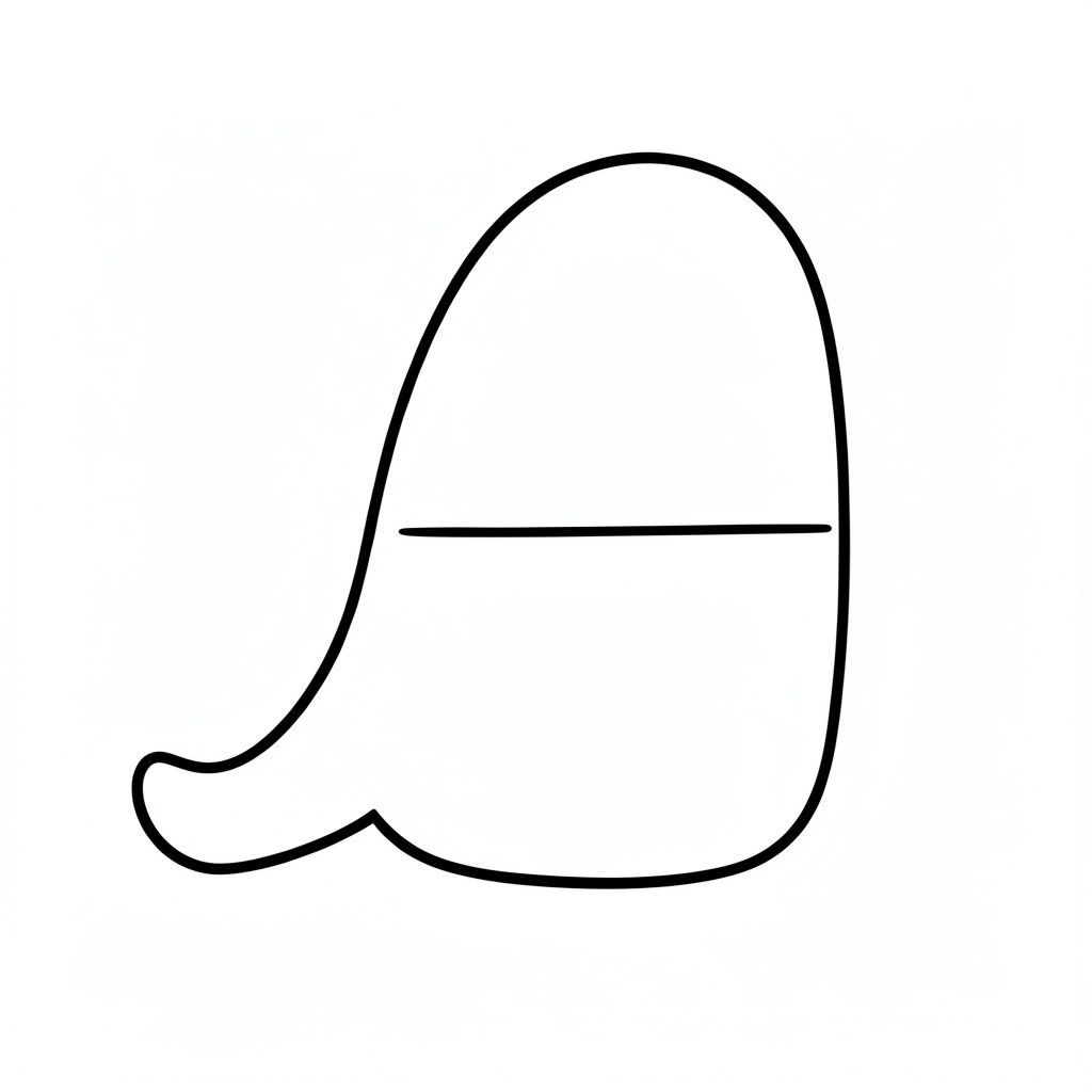 Một hình dạng nhỏ, tròn đứng vững. Đường viền của nó được xác định rõ ràng, một . Một đường dài, duy nhất kéo dài từ góc dưới bên trái, đỉnh điểm là một đường cong nhẹ nhàng. Cơ thể của hình dạng thuôn dài và hơi góc cạnh, cho thấy một tư thế vui tươi. Một đường ngang tinh tế chạy ngang qua trung tâm, tạo ra một ranh giới mờ nhạt, không bị phá vỡ. Nền là một, ., trang tô màu đen trắng, phong cách lowbook, nghệ thuật đường nét, đơn sắc, không màu, không bóng, không xám, không tô màu, nền trắng, chỉ phác thảo, phong cách vector, thiết kế phẳng, 2d, chính xác một đuôi duy nhất, hoàn toàn không tô màu đen, nội thất trắng tinh khiết, không có miếng mực, không văn bản, không từ, không tiêu đề, hoàn toàn không màu, chỉ nghệ thuật đen trắng thuần túy