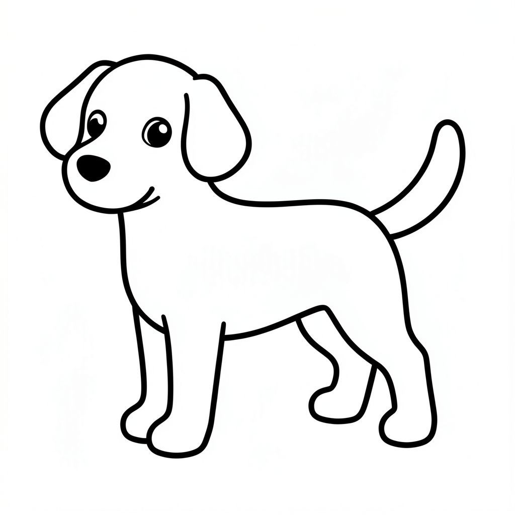 Một hình bóng chó đơn giản, cách điệu. Khuôn mặt của chú chó là một đường cong nhẹ nhàng, với đôi mắt to, biểu cảm. Một đuôi cong duy nhất kéo dài từ phía sau. Toàn bộ được thể hiện bằng các đường viền dày, đậm, tạo ra một hình dạng rõ ràng, rõ ràng. Nền là một không gian trắng tinh khiết., trang tô màu đen trắng, phong cách lowbook, nghệ thuật đường nét, đơn sắc, không màu, không đổ bóng, không xám, không tô màu, nền trắng, chỉ phác thảo, phong cách vector, thiết kế phẳng, 2d, chính xác một đuôi duy nhất, hoàn toàn không tô màu đen, nội thất trắng tinh khiết, không có miếng mực, không văn bản, không từ, không tiêu đề, hoàn toàn không màu,  Chỉ Pure Black and White Linarts