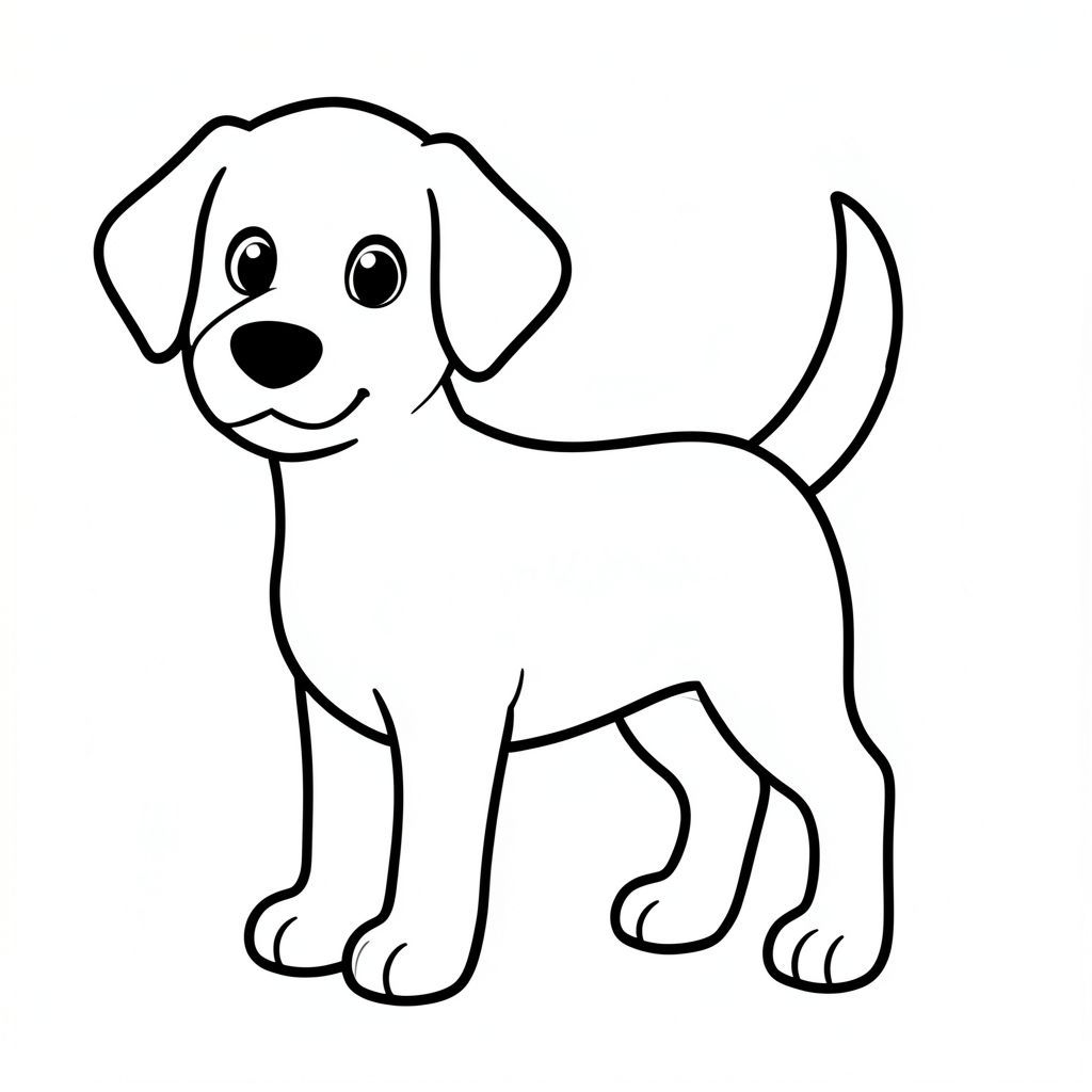 Một chú chó đơn giản, hạnh phúc được miêu tả. Một đuôi duy nhất có mặt, được đặt ở trung tâm. Khuôn mặt của có đặc điểm là đôi mắt to, biểu cảm. Cơ thể của chú chó được thể hiện với những đường viền dày, đậm, tạo nên hình dáng mạnh mẽ, rõ nét. Toàn bộ không gian nội thất được lấp đầy bởi màu trắng tinh khiết., tranh tô màu đen trắng, phong cách lowbook, nghệ thuật đường nét, đơn sắc, không màu, không bóng, không xám, không tô màu, nền trắng, chỉ phác thảo, phong cách vector, thiết kế phẳng, 2d, chính xác một đuôi duy nhất, hoàn toàn không tô màu đen, nội thất trắng tinh khiết, không có miếng mực, không văn bản, không từ, không tiêu đề, hoàn toàn không màu,  Chỉ Pure Black and White Linarts
