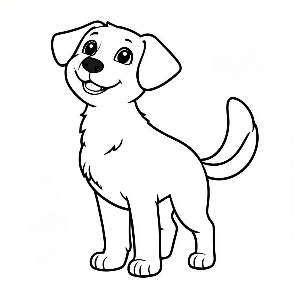 Một nhỏ, hạnh phúc đứng thẳng. Khuôn mặt của nó nghiêng lên trên, nở một nụ cười rạng rỡ, chân thành. Đôi mắt của to và biểu cảm, một sự dịu dàng, ấm áp . Bộ lông của mềm, . Một đường đơn, dày, kéo dài từ lưng dưới của chó, tạo thành một cái đuôi. Đuôi là một đường hơi cong. Cơ thể của có hình dạng đơn giản, màu trắng. Nền là một vùng trắng trơn, không bị phá vỡ., trang tô màu đen trắng, phong cách lowbook, nghệ thuật đường nét, đơn sắc, không màu, không bóng, không xám, không điền, nền trắng, chỉ phác thảo, phong cách vector, thiết kế phẳng, 2d, chính xác một đuôi duy nhất, hoàn toàn không tô màu đen, nội thất trắng tinh khiết, không có miếng mực, không văn bản, không từ, không tiêu đề, hoàn toàn không màu,  Chỉ Pure Black and White Linarts