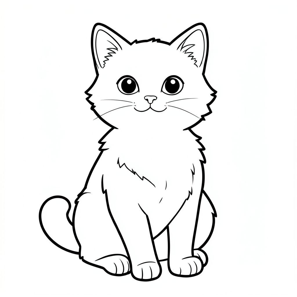 Một con mèo nhỏ, lông tơ ngồi thẳng, nhìn thẳng về phía trước với cái miệng há hốc mồm nhẹ nhàng. Khuôn mặt của con mèo được xác định nhẹ nhàng, với đôi mắt to, biểu cảm. Một chiếc đuôi duy nhất, thanh lịch uốn cong duyên dáng từ phía sau gáy của nó. Bộ lông của mèo mềm mại, tạo ra một sự tinh tế . Nền là một trang tô màu đen trắng đơn giản, phong cách lowbook, nghệ thuật đường nét, đơn sắc, không màu, không bóng, không xám, không điền, nền trắng, chỉ phác thảo, phong cách vector, thiết kế phẳng, 2d, chính xác một đuôi duy nhất, hoàn toàn không tô màu đen, nội thất trắng tinh khiết, không có miếng mực, không văn bản, không từ, không tiêu đề, hoàn toàn không có màu,  Chỉ Pure Black and White Linarts