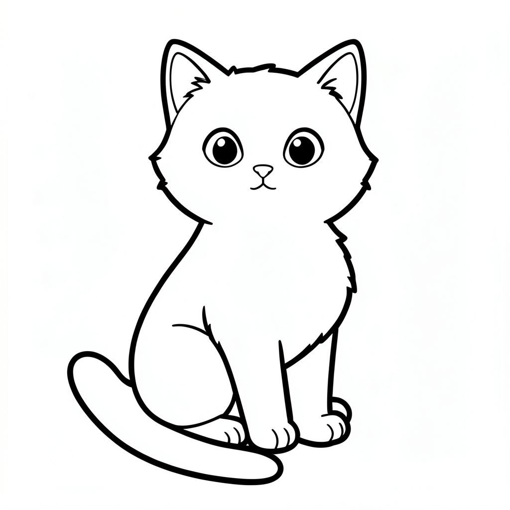Một con mèo nhỏ, lông tơ ngồi thẳng, nhìn về phía trước một chút. Khuôn mặt của nó có một đường cong nhẹ nhàng màu trắng, với đôi mắt to, biểu cảm. Một đường duy nhất kéo dài từ dưới đầu của nó, tạo thành một cái đuôi. Cơ thể mèo là một hình dạng đơn giản, hơi góc cạnh, chứa đầy màu trắng tinh khiết., tranh tô màu đen trắng, phong cách lowbook, nghệ thuật đường nét, đơn sắc, không màu, không đổ bóng, không xám, không tô màu, nền trắng, chỉ phác thảo, phong cách vector, thiết kế phẳng, 2d, chính xác một cái đuôi duy nhất, hoàn toàn không tô màu đen, nội thất trắng tinh khiết, không có miếng mực, không có văn bản, không có từ,  Không có tiêu đề, hoàn toàn không có màu, chỉ có lineart đen trắng thuần túy