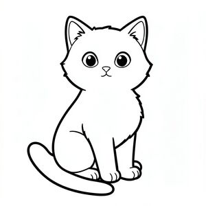 Một con mèo nhỏ, lông tơ ngồi thẳng, nhìn về phía trước một chút. Khuôn mặt của nó có một đường cong nhẹ nhàng màu trắng, với đôi mắt to, biểu cảm. Một đường duy nhất kéo dài từ dưới đầu của nó, tạo thành một cái đuôi. Cơ thể mèo là một hình dạng đơn giản, hơi góc cạnh, chứa đầy màu trắng tinh khiết., tranh tô màu đen trắng, phong cách lowbook, nghệ thuật đường nét, đơn sắc, không màu, không đổ bóng, không xám, không tô màu, nền trắng, chỉ phác thảo, phong cách vector, thiết kế phẳng, 2d, chính xác một cái đuôi duy nhất, hoàn toàn không tô màu đen, nội thất trắng tinh khiết, không có miếng mực, không có văn bản, không có từ,  Không có tiêu đề, hoàn toàn không có màu, chỉ có lineart đen trắng thuần túy