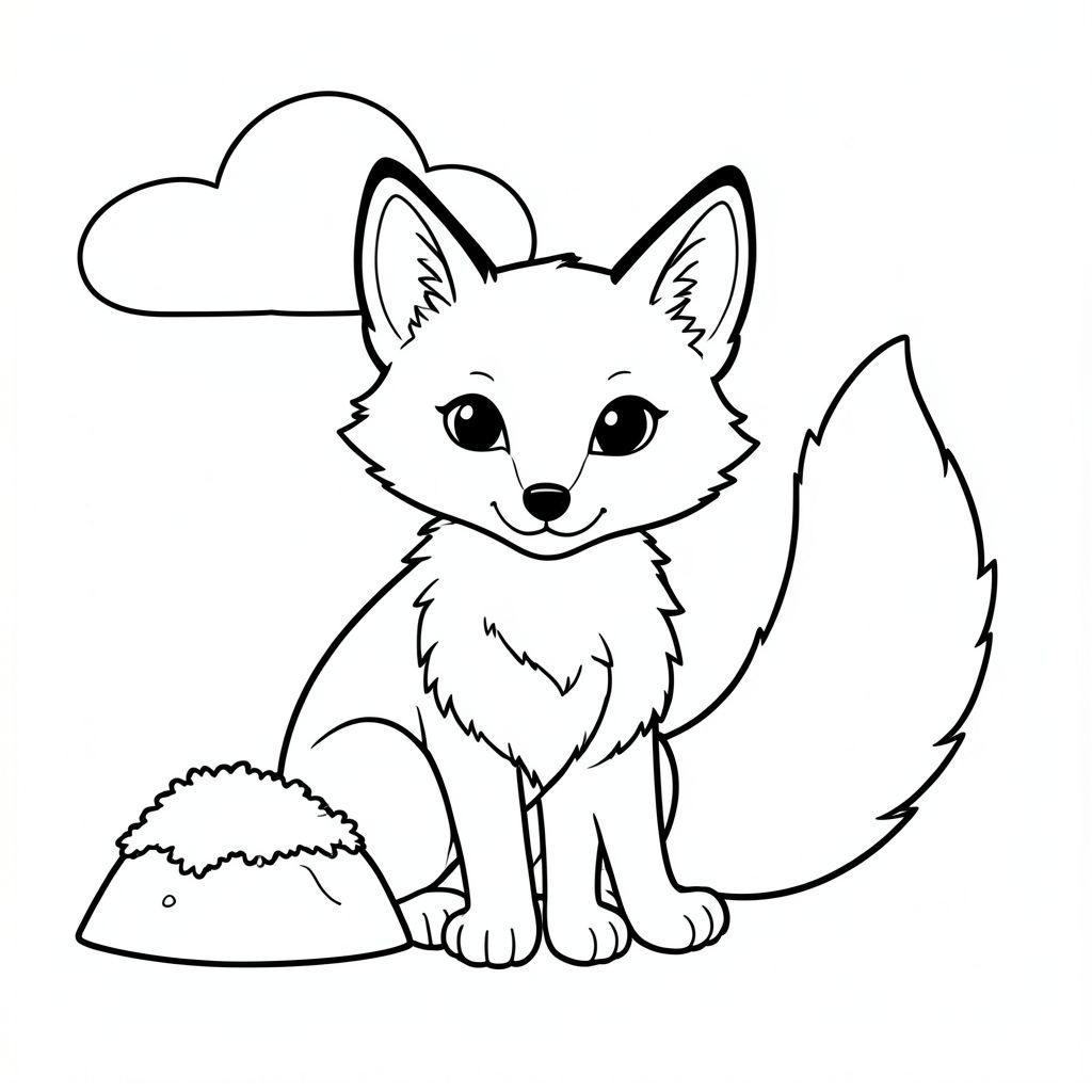 Một con cáo nhỏ, lông tơ ngồi ở giữa. Bộ lông của nó có màu hơi kết cấu. Con cáo có đôi mắt to, dịu dàng, nằm trong khuôn mặt và một cái mõm nhỏ, cong. Tai của nó lớn và tròn, hơi nghiêng lên trên. Một cái đuôi dài màu trắng duy nhất kéo dài từ lưng, uốn lượn duyên dáng. Đuôi dày và mịn, với một đường cong tinh tế. Cơ thể của cáo nhỏ gọn và duyên dáng, với một chút linh cảm. Một tảng đá nhỏ, phủ đầy rêu nằm ở bên trái, che khuất một phần sườn của nó. Một đám mây duy nhất trôi dạt phía sau nó, tạo ra một nền mềm mại, khuếch tán. Nền là một, tắt tiếng., trang tô màu đen trắng, phong cách lowbook, nghệ thuật đường nét, đơn sắc, không màu, không bóng, không xám, không điền, nền trắng, chỉ phác thảo, phong cách vector, thiết kế phẳng, 2d, chính xác một đuôi duy nhất, hoàn toàn không tô màu đen, nội thất trắng tinh khiết, không có miếng mực, không văn bản, không từ, không tiêu đề, hoàn toàn không màu, chỉ có lineart đen trắng tinh khiết