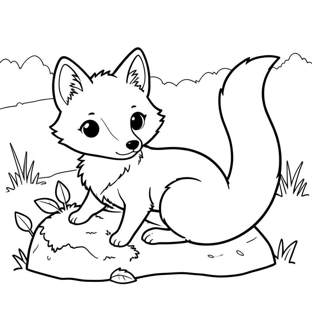 Một con cáo nhỏ, lông tơ với một đường cong nhẹ nhàng ở lưng. Khuôn mặt của cáo được xác định bởi đôi mắt to, biểu cảm và chiếc mũi nhỏ, hơi hếch lên. Tai của nó tròn và mềm, đầu có một hình ảnh tinh tế. Một cái đuôi dài, màu trắng duy nhất kéo dài từ phía sau cơ thể của nó, uốn lượn duyên dáng. Con cáo nép mình gần một tảng đá nhỏ, phủ đầy rêu với một vài chiếc lá rải rác. Nền có một trang tô màu đen trắng, mờ, lĩnh vực, phong cách lowbook, nghệ thuật đường nét, đơn sắc, không màu, không bóng, không xám, không điền, nền trắng, chỉ phác thảo, phong cách vector, thiết kế phẳng, 2d, chính xác một đuôi duy nhất, hoàn toàn không tô màu đen, nội thất trắng tinh khiết, không có miếng mực, không văn bản, không từ, không tiêu đề, hoàn toàn không màu, chỉ có lineart đen trắng tinh khiết