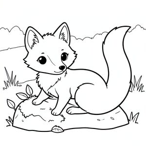 Một con cáo nhỏ, lông tơ với một đường cong nhẹ nhàng ở lưng. Khuôn mặt của cáo được xác định bởi đôi mắt to, biểu cảm và chiếc mũi nhỏ, hơi hếch lên. Tai của nó tròn và mềm, đầu có một hình ảnh tinh tế. Một cái đuôi dài, màu trắng duy nhất kéo dài từ phía sau cơ thể của nó, uốn lượn duyên dáng. Con cáo nép mình gần một tảng đá nhỏ, phủ đầy rêu với một vài chiếc lá rải rác. Nền có một trang tô màu đen trắng, mờ, lĩnh vực, phong cách lowbook, nghệ thuật đường nét, đơn sắc, không màu, không bóng, không xám, không điền, nền trắng, chỉ phác thảo, phong cách vector, thiết kế phẳng, 2d, chính xác một đuôi duy nhất, hoàn toàn không tô màu đen, nội thất trắng tinh khiết, không có miếng mực, không văn bản, không từ, không tiêu đề, hoàn toàn không màu, chỉ có lineart đen trắng tinh khiết