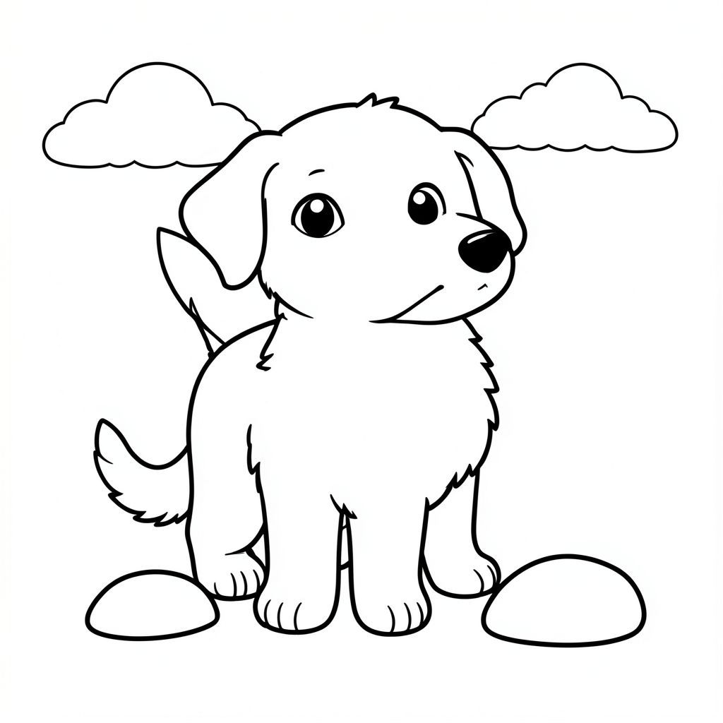 Một nhỏ, lông tơ đứng ở giữa. Cơ thể của nó thuôn dài, với một đường cong nhẹ ở cột sống. Đầu chó tròn và biểu cảm, với đôi mắt to và dịu dàng. Tai của nó hơi nhọn và rủ xuống dưới. Một cái đuôi ngắn, duy nhất cuộn lên trên, màu trắng. Bộ lông của mềm mại, màu kem . Một tảng đá nhỏ, nhẵn, nằm gần bàn chân của nó. Một vài hình dạng đám mây tinh tế trôi dạt một cách tinh tế trong nền., tranh tô màu đen trắng, phong cách lowbook, nghệ thuật đường nét, đơn sắc, không màu, không bóng, không xám, không điền, nền trắng, chỉ phác thảo, phong cách vector, thiết kế phẳng, 2d, chính xác một đuôi duy nhất, hoàn toàn không tô màu đen, nội thất trắng tinh khiết, không có miếng mực, không có văn bản, không có từ, không có tiêu đề,  Hoàn toàn không có màu, chỉ có lineart đen trắng thuần túy