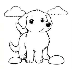 Một nhỏ, lông tơ đứng ở giữa. Cơ thể của nó thuôn dài, với một đường cong nhẹ ở cột sống. Đầu chó tròn và biểu cảm, với đôi mắt to và dịu dàng. Tai của nó hơi nhọn và rủ xuống dưới. Một cái đuôi ngắn, duy nhất cuộn lên trên, màu trắng. Bộ lông của mềm mại, màu kem . Một tảng đá nhỏ, nhẵn, nằm gần bàn chân của nó. Một vài hình dạng đám mây tinh tế trôi dạt một cách tinh tế trong nền., tranh tô màu đen trắng, phong cách lowbook, nghệ thuật đường nét, đơn sắc, không màu, không bóng, không xám, không điền, nền trắng, chỉ phác thảo, phong cách vector, thiết kế phẳng, 2d, chính xác một đuôi duy nhất, hoàn toàn không tô màu đen, nội thất trắng tinh khiết, không có miếng mực, không có văn bản, không có từ, không có tiêu đề,  Hoàn toàn không có màu, chỉ có lineart đen trắng thuần túy