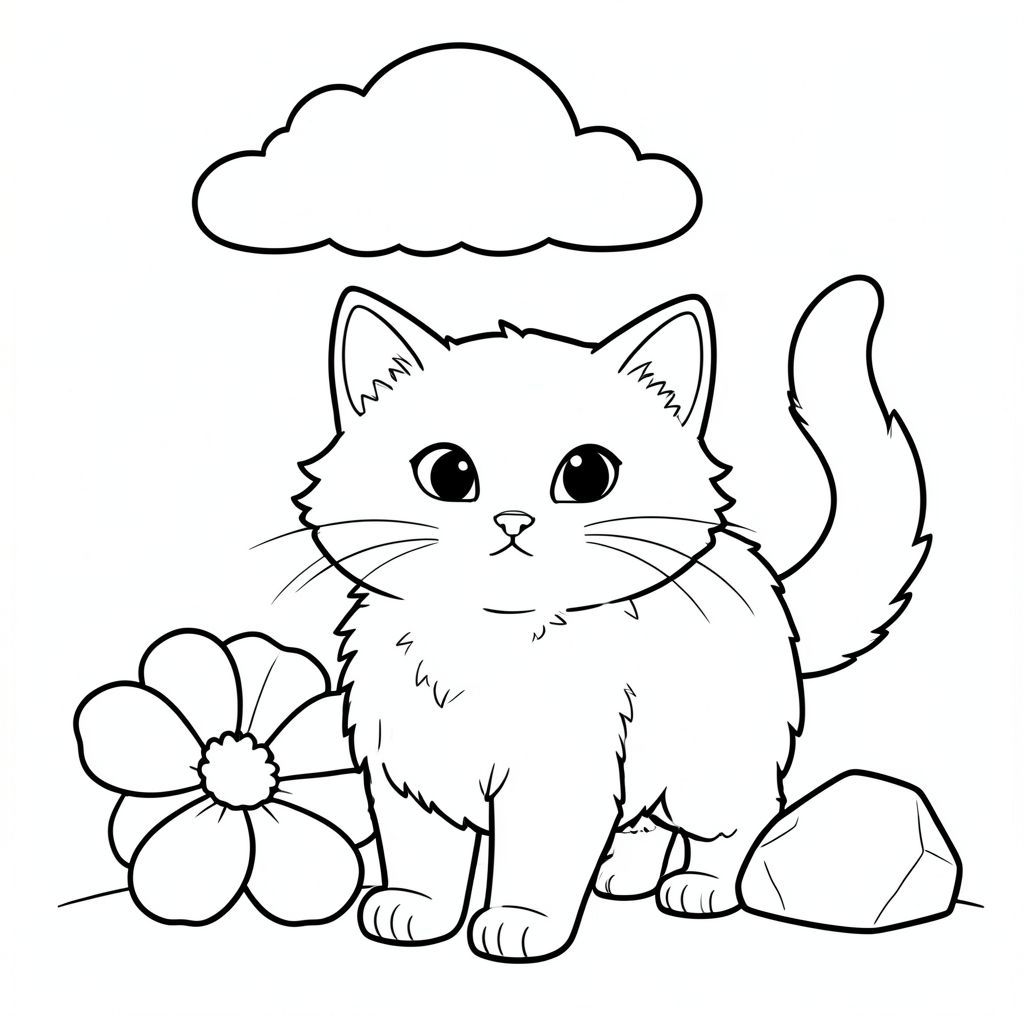 Một con mèo lông tơ với đường cong nhẹ nhàng ở lưng. Khuôn mặt của mèo ở giữa, với đôi mắt to, biểu cảm và miệng hơi cúi xuống. Tai của nó tròn và nhọn. Một cái đuôi nhỏ, màu trắng kéo dài từ phía sau, hơi cong. Bộ lông của mèo mềm mại và có kết cấu, có vẻ hơi loang lổ.

Một bông hoa lớn, mịn nằm hơi bên trái của con mèo. Một tảng đá nhỏ được đặt ở bên phải của con mèo, hơi nghiêng. Phía trên con mèo, một - đám mây trôi lười biếng.

Bộ lông của mèo có màu kem, tạo cho nó một kết cấu tinh tế. Nền là một khu vực đơn giản, hơi mờ của vân gỗ., tranh tô màu đen trắng, phong cách lowbook, nghệ thuật đường nét, đơn sắc, không màu, không đổ bóng, không xám, không điền, nền trắng, chỉ phác thảo, phong cách vector, thiết kế phẳng, 2d, chính xác một đuôi duy nhất, hoàn toàn không tô màu đen, nội thất trắng tinh khiết, không có miếng mực, không có văn bản, không có từ, không có tiêu đề,  Hoàn toàn không có màu, chỉ có lineart đen trắng thuần túy