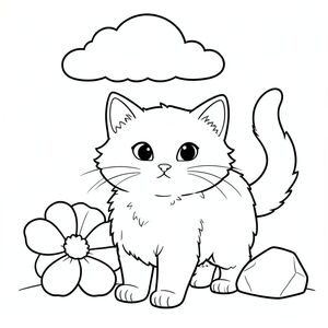 Một con mèo lông tơ với đường cong nhẹ nhàng ở lưng. Khuôn mặt của mèo ở giữa, với đôi mắt to, biểu cảm và miệng hơi cúi xuống. Tai của nó tròn và nhọn. Một cái đuôi nhỏ, màu trắng kéo dài từ phía sau, hơi cong. Bộ lông của mèo mềm mại và có kết cấu, có vẻ hơi loang lổ.

Một bông hoa lớn, mịn nằm hơi bên trái của con mèo. Một tảng đá nhỏ được đặt ở bên phải của con mèo, hơi nghiêng. Phía trên con mèo, một - đám mây trôi lười biếng.

Bộ lông của mèo có màu kem, tạo cho nó một kết cấu tinh tế. Nền là một khu vực đơn giản, hơi mờ của vân gỗ., tranh tô màu đen trắng, phong cách lowbook, nghệ thuật đường nét, đơn sắc, không màu, không đổ bóng, không xám, không điền, nền trắng, chỉ phác thảo, phong cách vector, thiết kế phẳng, 2d, chính xác một đuôi duy nhất, hoàn toàn không tô màu đen, nội thất trắng tinh khiết, không có miếng mực, không có văn bản, không có từ, không có tiêu đề,  Hoàn toàn không có màu, chỉ có lineart đen trắng thuần túy