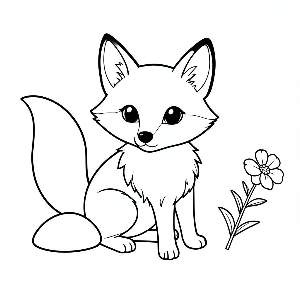 Một con cáo nhỏ với khuôn mặt tròn và đôi tai mỏng manh. Bộ lông của nó là một màu, với những biến thể tinh tế về tông màu. Một cái đuôi dài, màu trắng duy nhất kéo dài từ lưng của nó. Đôi mắt của cáo to và tròn, một , hiền lành . Bộ lông xung quanh mũi của nó hơi sẫm màu, tạo ra sự tương phản nhẹ nhàng. Một tảng đá nhỏ, nhẵn nằm hơi bên trái của con cáo. Một bông hoa mỏng manh được đặt ở bên phải của con cáo. Nền là một phông nền mềm mại, tắt tiếng, cung cấp phông nền tinh tế., trang tô màu đen trắng, phong cách lowbook, nghệ thuật đường nét, đơn sắc, không màu, không đổ bóng, không xám, không điền, nền trắng, chỉ phác thảo, phong cách vector, thiết kế phẳng, 2d, chính xác một đuôi duy nhất, hoàn toàn không tô màu đen, nội thất trắng tinh khiết, không có miếng mực, không có văn bản, không có từ, không có tiêu đề,  Hoàn toàn không có màu, chỉ có lineart đen trắng thuần túy