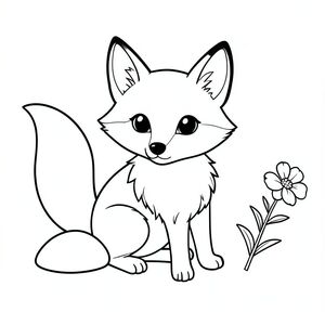 Một con cáo nhỏ với khuôn mặt tròn và đôi tai mỏng manh. Bộ lông của nó là một màu, với những biến thể tinh tế về tông màu. Một cái đuôi dài, màu trắng duy nhất kéo dài từ lưng của nó. Đôi mắt của cáo to và tròn, một , hiền lành . Bộ lông xung quanh mũi của nó hơi sẫm màu, tạo ra sự tương phản nhẹ nhàng. Một tảng đá nhỏ, nhẵn nằm hơi bên trái của con cáo. Một bông hoa mỏng manh được đặt ở bên phải của con cáo. Nền là một phông nền mềm mại, tắt tiếng, cung cấp phông nền tinh tế., trang tô màu đen trắng, phong cách lowbook, nghệ thuật đường nét, đơn sắc, không màu, không đổ bóng, không xám, không điền, nền trắng, chỉ phác thảo, phong cách vector, thiết kế phẳng, 2d, chính xác một đuôi duy nhất, hoàn toàn không tô màu đen, nội thất trắng tinh khiết, không có miếng mực, không có văn bản, không có từ, không có tiêu đề,  Hoàn toàn không có màu, chỉ có lineart đen trắng thuần túy