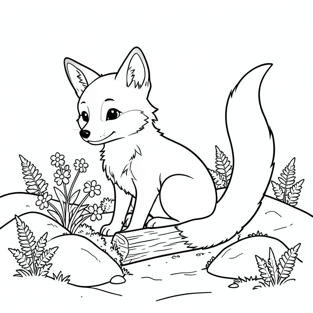 Một con cáo nhỏ ngồi nép mình giữa những tảng đá rêu phong. Nó hơi hướng về bên trái, tai nghiêng về phía trước, quan sát một cụm hoa dại mọc gần đó. Một khúc gỗ nhỏ, nhẵn, nằm dưới bàn chân của nó. Bộ lông của cáo ấm áp, tắt tiếng , với những mảng trắng trên ngực và bụng. Một cái đuôi dài màu trắng duy nhất kéo dài từ lưng, uốn cong duyên dáng. Nền là một vùng đất mềm mại, nhấp nhô, đất ẩm ướt và những cây dương xỉ thu nhỏ, rải rác. Được khuếch tán, tạo điểm nhấn nhẹ nhàng trên đá và lông cáo. Ấn tượng tổng thể là sự mãn nguyện yên tĩnh và một không gian có mái che., tranh tô màu đen trắng, phong cách lowbook, nghệ thuật đường nét, đơn sắc, không màu, không bóng, không xám, không tô màu, nền trắng, chỉ phác thảo, phong cách vector, thiết kế phẳng, 2d, chính xác một đuôi duy nhất, hoàn toàn không tô màu đen, nội thất trắng tinh khiết, không có miếng mực, không văn bản, không từ, không tiêu đề,  Hoàn toàn không có màu, chỉ có lineart đen trắng thuần túy