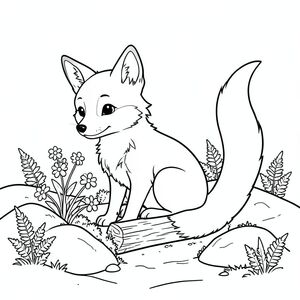 Một con cáo nhỏ ngồi nép mình giữa những tảng đá rêu phong. Nó hơi hướng về bên trái, tai nghiêng về phía trước, quan sát một cụm hoa dại mọc gần đó. Một khúc gỗ nhỏ, nhẵn, nằm dưới bàn chân của nó. Bộ lông của cáo ấm áp, tắt tiếng , với những mảng trắng trên ngực và bụng. Một cái đuôi dài màu trắng duy nhất kéo dài từ lưng, uốn cong duyên dáng. Nền là một vùng đất mềm mại, nhấp nhô, đất ẩm ướt và những cây dương xỉ thu nhỏ, rải rác. Được khuếch tán, tạo điểm nhấn nhẹ nhàng trên đá và lông cáo. Ấn tượng tổng thể là sự mãn nguyện yên tĩnh và một không gian có mái che., tranh tô màu đen trắng, phong cách lowbook, nghệ thuật đường nét, đơn sắc, không màu, không bóng, không xám, không tô màu, nền trắng, chỉ phác thảo, phong cách vector, thiết kế phẳng, 2d, chính xác một đuôi duy nhất, hoàn toàn không tô màu đen, nội thất trắng tinh khiết, không có miếng mực, không văn bản, không từ, không tiêu đề,  Hoàn toàn không có màu, chỉ có lineart đen trắng thuần túy
