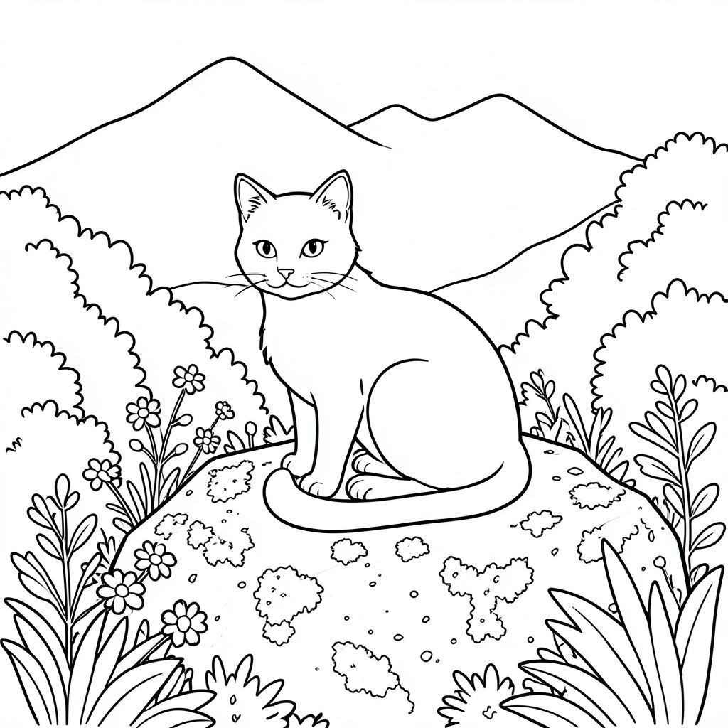 Một con mèo ngồi nép mình trên một tảng đá rêu phong, đuôi hơi cong lại. Đá là một loại đá phong hóa, lốm đốm địa y. Những bụi cây tươi tốt bao quanh tảng đá, che khuất một phần các cạnh của khung cảnh. Một dãy núi mờ mịt ở phía xa mọc lên ở hậu cảnh, các đỉnh núi của nó bị dịu đi bởi một làn sương mù trong khí quyển. Bộ lông của mèo có màu cát ấm áp, và đôi mắt của nó là một , tập trung . Một mảng hoa dại nhỏ mọc ngay bên trái của nó. Bố cục tập trung vào hình dạng của con mèo - thân hình bóng bẩy, đường cong nhẹ nhàng của lưng và nét mặt tinh tế. Nền là sự pha trộn giữa màu xanh lá cây và xanh lam, tạo cảm giác chiều sâu. Ấn tượng tổng thể là một trong những sự mãn nguyện yên tĩnh và sự cô lập yên bình., tranh tô màu đen trắng, phong cách lowbook, nghệ thuật đường nét, đơn sắc, không màu, không bóng, không xám, không điền, nền trắng, chỉ phác thảo, phong cách vector, thiết kế phẳng, 2d, chính xác một đuôi duy nhất, hoàn toàn không tô màu đen, nội thất trắng tinh khiết, không có miếng mực, không văn bản, không từ, không tiêu đề,  Hoàn toàn không có màu, chỉ có lineart đen trắng thuần túy