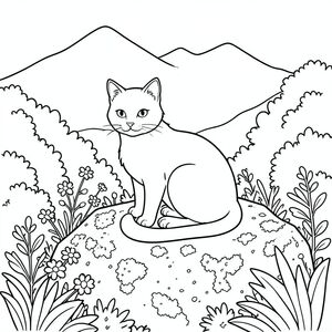 Một con mèo ngồi nép mình trên một tảng đá rêu phong, đuôi hơi cong lại. Đá là một loại đá phong hóa, lốm đốm địa y. Những bụi cây tươi tốt bao quanh tảng đá, che khuất một phần các cạnh của khung cảnh. Một dãy núi mờ mịt ở phía xa mọc lên ở hậu cảnh, các đỉnh núi của nó bị dịu đi bởi một làn sương mù trong khí quyển. Bộ lông của mèo có màu cát ấm áp, và đôi mắt của nó là một , tập trung . Một mảng hoa dại nhỏ mọc ngay bên trái của nó. Bố cục tập trung vào hình dạng của con mèo - thân hình bóng bẩy, đường cong nhẹ nhàng của lưng và nét mặt tinh tế. Nền là sự pha trộn giữa màu xanh lá cây và xanh lam, tạo cảm giác chiều sâu. Ấn tượng tổng thể là một trong những sự mãn nguyện yên tĩnh và sự cô lập yên bình., tranh tô màu đen trắng, phong cách lowbook, nghệ thuật đường nét, đơn sắc, không màu, không bóng, không xám, không điền, nền trắng, chỉ phác thảo, phong cách vector, thiết kế phẳng, 2d, chính xác một đuôi duy nhất, hoàn toàn không tô màu đen, nội thất trắng tinh khiết, không có miếng mực, không văn bản, không từ, không tiêu đề,  Hoàn toàn không có màu, chỉ có lineart đen trắng thuần túy