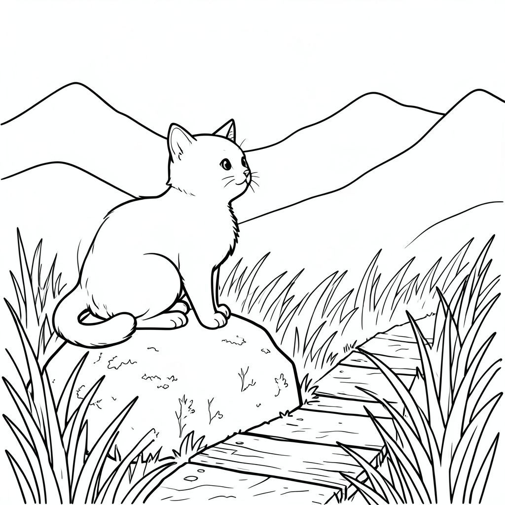 Một con mèo nhỏ ngồi đậu trên một tảng đá rêu phong, đầu hơi nghiêng, nhìn về phía một dãy núi mờ mịt ở xa. Đá là một , có kết cấu nhẹ với các biến thể tinh tế về màu sắc. Bộ lông của mèo có màu trắng kem mềm mại, với một đường cong nhẹ, nhẹ nhàng ở lưng. Đuôi của nó, một bộ lông trắng thanh lịch, duyên dáng từ lưng dưới. Nền là một màu xanh lá cây và nâu trầm, gợi ý một sàn rừng. Những đám cỏ cao, mảnh mai gợn sóng trong gió, tạo nên một kết cấu mềm mại, nhấp nhô. Những ngọn núi hầu như không thể nhận ra, trong các sắc thái của và, tạo cảm giác chiều sâu. Một con đường gỗ nhỏ, phong hóa uốn lượn qua bãi cỏ, dẫn về phía con mèo. Ấn tượng tổng thể là một trong những sự cô đơn yên bình và quan sát yên tĩnh., tranh tô màu đen trắng, phong cách lowbook, nghệ thuật đường nét, đơn sắc, không màu, không bóng, không xám, không tô màu, nền trắng, chỉ phác thảo, phong cách vector, thiết kế phẳng, 2d, chính xác một đuôi duy nhất, hoàn toàn không tô màu đen, nội thất trắng tinh khiết, không có miếng mực, không có văn bản, không từ, không tiêu đề,  Hoàn toàn không có màu, chỉ có lineart đen trắng thuần túy