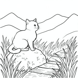 Một con mèo nhỏ ngồi đậu trên một tảng đá rêu phong, đầu hơi nghiêng, nhìn về phía một dãy núi mờ mịt ở xa. Đá là một , có kết cấu nhẹ với các biến thể tinh tế về màu sắc. Bộ lông của mèo có màu trắng kem mềm mại, với một đường cong nhẹ, nhẹ nhàng ở lưng. Đuôi của nó, một bộ lông trắng thanh lịch, duyên dáng từ lưng dưới. Nền là một màu xanh lá cây và nâu trầm, gợi ý một sàn rừng. Những đám cỏ cao, mảnh mai gợn sóng trong gió, tạo nên một kết cấu mềm mại, nhấp nhô. Những ngọn núi hầu như không thể nhận ra, trong các sắc thái của và, tạo cảm giác chiều sâu. Một con đường gỗ nhỏ, phong hóa uốn lượn qua bãi cỏ, dẫn về phía con mèo. Ấn tượng tổng thể là một trong những sự cô đơn yên bình và quan sát yên tĩnh., tranh tô màu đen trắng, phong cách lowbook, nghệ thuật đường nét, đơn sắc, không màu, không bóng, không xám, không tô màu, nền trắng, chỉ phác thảo, phong cách vector, thiết kế phẳng, 2d, chính xác một đuôi duy nhất, hoàn toàn không tô màu đen, nội thất trắng tinh khiết, không có miếng mực, không có văn bản, không từ, không tiêu đề,  Hoàn toàn không có màu, chỉ có lineart đen trắng thuần túy