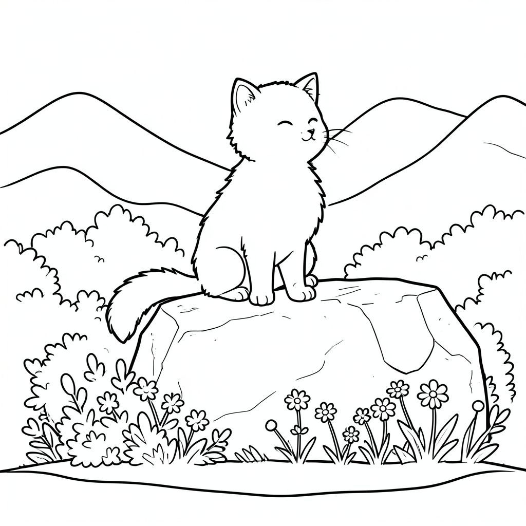 Một con mèo nhỏ, lông tơ ngồi trên một tảng đá bị phong hóa. Bộ lông của nó có màu trắng kem, và đuôi của nó uốn cong nhẹ nhàng xuống dưới. Đá bị che khuất một phần bởi một lớp bụi cây dày, tạo ra một phông nền mềm mại, có kết cấu. Xa hơn, những ngọn núi tròn, xa xôi mọc lên trong sắc thái, im lặng, tạo ra một đường chân trời mờ mịt. Một rải rác những bông hoa dại nhỏ mọc xung quanh đáy đá, tạo thêm một chút ấm áp. Bàn chân của mèo được đặt ở vị trí tinh tế, hơi nghiêng về phía đá. Khung cảnh được đóng khung bởi một đường ngang đơn giản của một , cát . Ấn tượng tổng thể là một trong những sự yên tĩnh yên bình., tranh tô màu đen trắng, phong cách lowbook, nghệ thuật đường nét, đơn sắc, không màu, không bóng, không xám, không điền, nền trắng, chỉ phác thảo, phong cách vector, thiết kế phẳng, 2d, chính xác một đuôi duy nhất, hoàn toàn không tô màu đen, nội thất trắng tinh khiết, không có miếng mực, không có văn bản, không từ, không tiêu đề, hoàn toàn không có màu,  Chỉ Pure Black and White Linarts