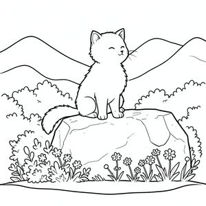 Một con mèo nhỏ, lông tơ ngồi trên một tảng đá bị phong hóa. Bộ lông của nó có màu trắng kem, và đuôi của nó uốn cong nhẹ nhàng xuống dưới. Đá bị che khuất một phần bởi một lớp bụi cây dày, tạo ra một phông nền mềm mại, có kết cấu. Xa hơn, những ngọn núi tròn, xa xôi mọc lên trong sắc thái, im lặng, tạo ra một đường chân trời mờ mịt. Một rải rác những bông hoa dại nhỏ mọc xung quanh đáy đá, tạo thêm một chút ấm áp. Bàn chân của mèo được đặt ở vị trí tinh tế, hơi nghiêng về phía đá. Khung cảnh được đóng khung bởi một đường ngang đơn giản của một , cát . Ấn tượng tổng thể là một trong những sự yên tĩnh yên bình., tranh tô màu đen trắng, phong cách lowbook, nghệ thuật đường nét, đơn sắc, không màu, không bóng, không xám, không điền, nền trắng, chỉ phác thảo, phong cách vector, thiết kế phẳng, 2d, chính xác một đuôi duy nhất, hoàn toàn không tô màu đen, nội thất trắng tinh khiết, không có miếng mực, không có văn bản, không từ, không tiêu đề, hoàn toàn không có màu,  Chỉ Pure Black and White Linarts