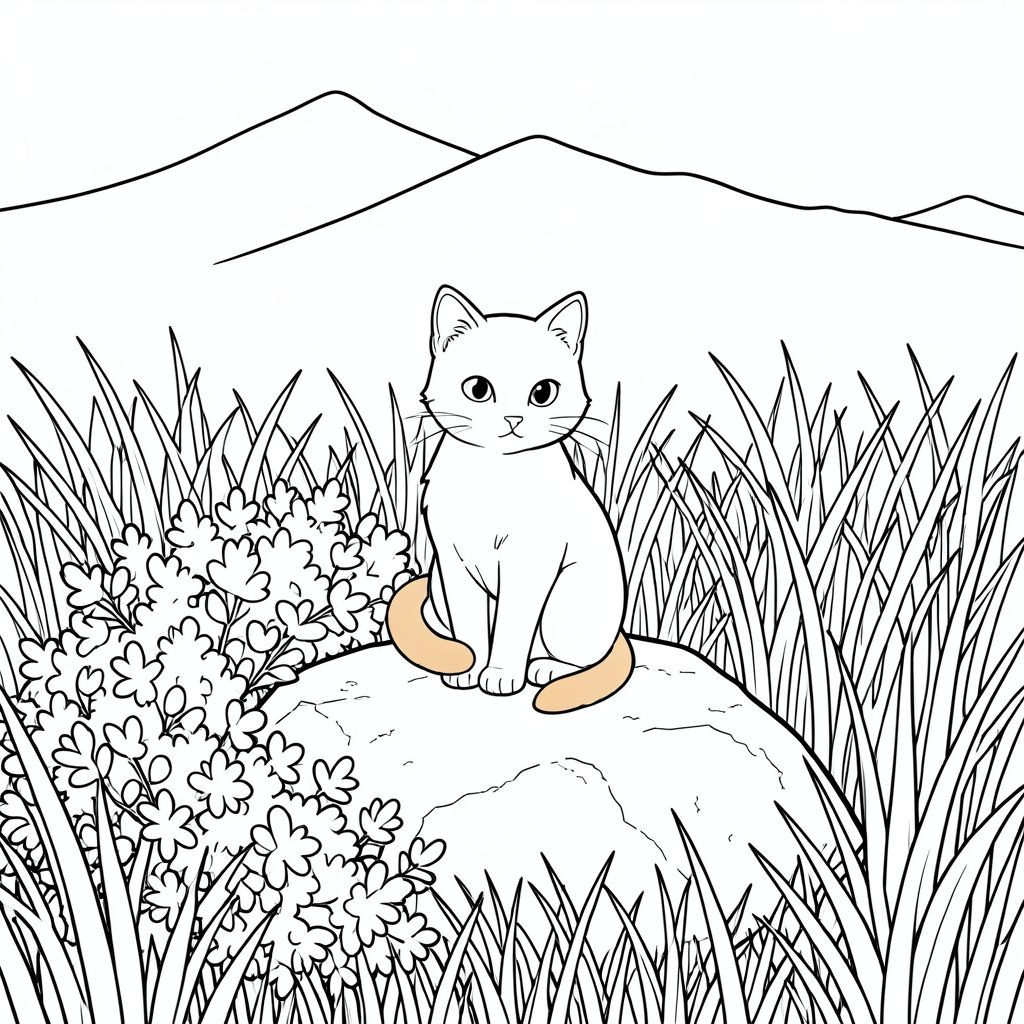 Một con mèo nhỏ ngồi vuông góc trên một tảng đá rêu phong, đuôi hơi cong lại. Đá bị che khuất một phần bởi một mớ bụi rậm, lá của chúng có bóng râm. Một dãy núi mờ mịt, xa xôi trải dài qua đường chân trời, được thể hiện như một đường trắng mềm mại, nhấp nhô. Nền được lấp đầy bởi một lớp cỏ cao rậm rạp, bắt . Bộ lông của mèo có màu cát ấm áp, và đôi mắt của nó gây sửng sốt, . Bề mặt của đá hơi gồ ghề, có thể nhìn thấy các vết nứt nhỏ và khuyết điểm. Các ngọn cỏ dài và mảnh mai, tạo hiệu ứng gợn sóng nhẹ nhàng. Dãy núi không được xác định rõ ràng, xuất hiện giống như một gợi ý về màu sắc. Bố cục cân bằng, với con mèo ở giữa và hậu cảnh cung cấp chiều sâu. Ấn tượng tổng thể là một trong những sự yên tĩnh và ấm áp nhẹ nhàng., tranh tô màu đen trắng, phong cách lowbook, nghệ thuật đường nét, đơn sắc, không màu, không đổ bóng, không xám, không tô màu, nền trắng, chỉ phác thảo, phong cách vector, thiết kế phẳng, 2d, chính xác một đuôi duy nhất, hoàn toàn không tô màu đen, nội thất trắng tinh khiết, không có miếng mực, không văn bản, không từ, không tiêu đề,  Hoàn toàn không có màu, chỉ có lineart đen trắng thuần túy