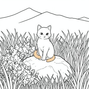 Một con mèo nhỏ ngồi vuông góc trên một tảng đá rêu phong, đuôi hơi cong lại. Đá bị che khuất một phần bởi một mớ bụi rậm, lá của chúng có bóng râm. Một dãy núi mờ mịt, xa xôi trải dài qua đường chân trời, được thể hiện như một đường trắng mềm mại, nhấp nhô. Nền được lấp đầy bởi một lớp cỏ cao rậm rạp, bắt . Bộ lông của mèo có màu cát ấm áp, và đôi mắt của nó gây sửng sốt, . Bề mặt của đá hơi gồ ghề, có thể nhìn thấy các vết nứt nhỏ và khuyết điểm. Các ngọn cỏ dài và mảnh mai, tạo hiệu ứng gợn sóng nhẹ nhàng. Dãy núi không được xác định rõ ràng, xuất hiện giống như một gợi ý về màu sắc. Bố cục cân bằng, với con mèo ở giữa và hậu cảnh cung cấp chiều sâu. Ấn tượng tổng thể là một trong những sự yên tĩnh và ấm áp nhẹ nhàng., tranh tô màu đen trắng, phong cách lowbook, nghệ thuật đường nét, đơn sắc, không màu, không đổ bóng, không xám, không tô màu, nền trắng, chỉ phác thảo, phong cách vector, thiết kế phẳng, 2d, chính xác một đuôi duy nhất, hoàn toàn không tô màu đen, nội thất trắng tinh khiết, không có miếng mực, không văn bản, không từ, không tiêu đề,  Hoàn toàn không có màu, chỉ có lineart đen trắng thuần túy