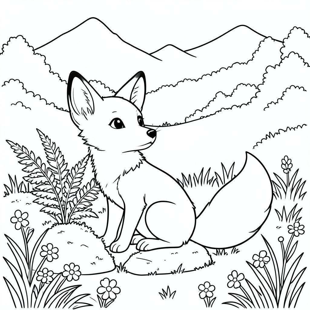 Một con cáo nhỏ ngồi nép mình giữa những tảng đá rêu. Nó hơi hướng sang trái, đầu nghiêng lên trên, quan sát một cụm dương xỉ. Bộ lông của cáo là một màu cát, tắt tiếng, với một độ dốc tinh tế đến các cạnh. Bàn chân của nó được nhét gọn gàng bên dưới cơ thể.

Phía sau con cáo, một bãi cỏ xanh tươi rộng lớn mọc lên, một sườn dốc thoai thoải được bao phủ bởi những tán lá rậm rạp. Những đỉnh núi mờ mịt ở xa tạo thành hậu cảnh, hầu như không thể nhìn thấy qua những tán cây. Những mảng hoa dại rải rác nở rải rác ở tiền cảnh.

Đuôi cáo, một bộ lông dài, thanh lịch, được đặt hơi bên phải cơ thể cáo, chảy liền mạch vào cỏ. Nó là một , màu trắng kem, với các biến thể tinh tế về tông màu bắt chước và . Đuôi được thể hiện với một đường nét tinh tế, hơi lỏng lẻo, nhấn mạnh chuyển động của nó.

Toàn bộ khung cảnh được tắm trong một sự mềm mại, khuếch tán, tạo cảm giác yên tĩnh và tĩnh lặng., trang tô màu đen trắng, phong cách lowbook, nghệ thuật đường nét, đơn sắc, không màu, không bóng, không xám, không tô màu, nền trắng, chỉ phác thảo, phong cách vector, thiết kế phẳng, 2d, chính xác một đuôi duy nhất, hoàn toàn không tô màu đen, nội thất trắng tinh khiết, không có miếng mực,  Không văn bản, không từ, không tiêu đề, hoàn toàn không màu, chỉ có lineart đen trắng thuần túy