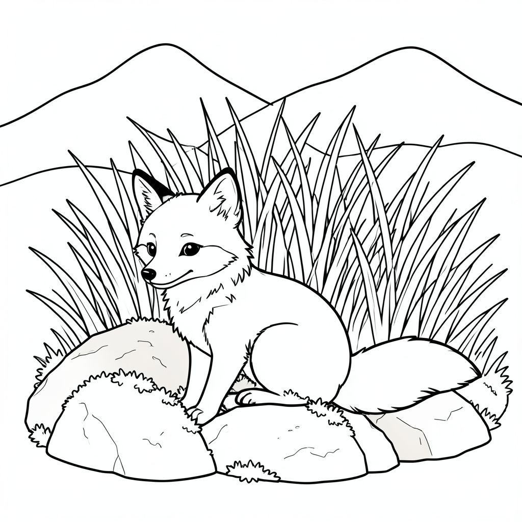Một con cáo nhỏ, lông tơ ngồi nép mình giữa một cụm đá phủ đầy rêu. Nó hơi hướng về bên trái, với một đường cong nhẹ nhàng ở lưng. Những tảng đá có màu cát trầm lặng, và rêu có màu bạc. Đằng sau con cáo, một đám cỏ cao mọc lên, hơi mờ nhạt thành một dãy núi mờ mịt xa xăm. Những ngọn núi được thể hiện với những đường cong nhẹ nhàng, gợi lên một hình dạng tròn trịa, mềm mại. Một cái đuôi dài, duy nhất kéo dài từ phía bên phải của cáo, uốn cong duyên dáng xuống dưới. Đuôi là một phong phú, , tương phản với tông màu sáng hơn của cỏ và đá. Nền được lấp đầy bởi một vùng đất mềm mại, có kết cấu của , tạo cảm giác chiều sâu và rộng rãi. Bộ lông của cáo được xác định một cách tinh tế, với các biến thể nhẹ nhàng về tông màu., tranh tô màu đen trắng, phong cách lowbook, nghệ thuật đường nét, đơn sắc, không màu, không bóng, không xám, không tô màu, nền trắng, chỉ phác thảo, phong cách vector, thiết kế phẳng, 2d, chính xác một đuôi duy nhất, hoàn toàn không tô màu đen, nội thất trắng tinh khiết, không có miếng mực, không có văn bản, không có từ, không có tiêu đề,  Hoàn toàn không có màu, chỉ có lineart đen trắng thuần túy