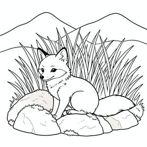 Một con cáo nhỏ, lông tơ ngồi nép mình giữa một cụm đá phủ đầy rêu. Nó hơi hướng về bên trái, với một đường cong nhẹ nhàng ở lưng. Những tảng đá có màu cát trầm lặng, và rêu có màu bạc. Đằng sau con cáo, một đám cỏ cao mọc lên, hơi mờ nhạt thành một dãy núi mờ mịt xa xăm. Những ngọn núi được thể hiện với những đường cong nhẹ nhàng, gợi lên một hình dạng tròn trịa, mềm mại. Một cái đuôi dài, duy nhất kéo dài từ phía bên phải của cáo, uốn cong duyên dáng xuống dưới. Đuôi là một phong phú, , tương phản với tông màu sáng hơn của cỏ và đá. Nền được lấp đầy bởi một vùng đất mềm mại, có kết cấu của , tạo cảm giác chiều sâu và rộng rãi. Bộ lông của cáo được xác định một cách tinh tế, với các biến thể nhẹ nhàng về tông màu., tranh tô màu đen trắng, phong cách lowbook, nghệ thuật đường nét, đơn sắc, không màu, không bóng, không xám, không tô màu, nền trắng, chỉ phác thảo, phong cách vector, thiết kế phẳng, 2d, chính xác một đuôi duy nhất, hoàn toàn không tô màu đen, nội thất trắng tinh khiết, không có miếng mực, không có văn bản, không có từ, không có tiêu đề,  Hoàn toàn không có màu, chỉ có lineart đen trắng thuần túy