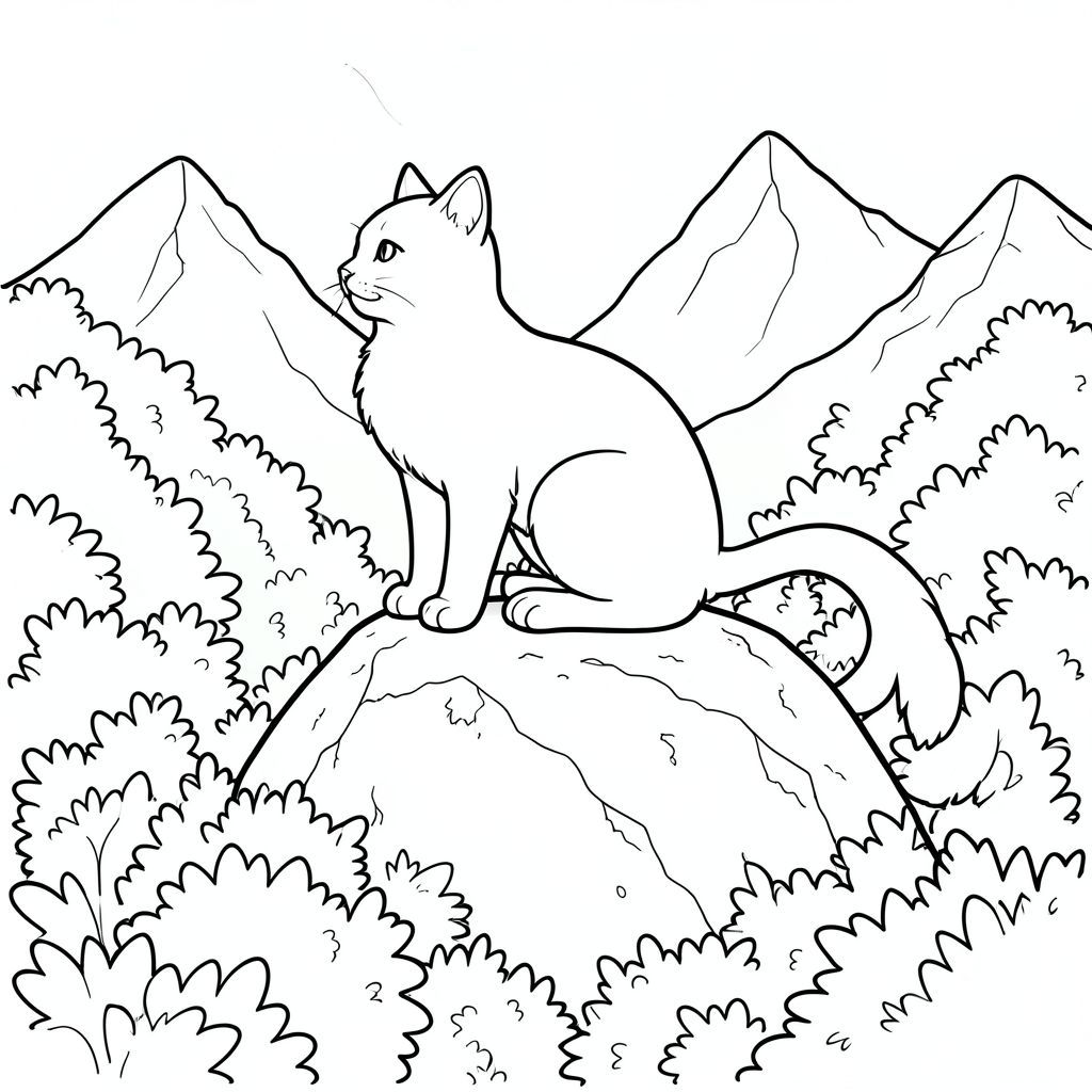 Một con mèo ngồi đậu trên đỉnh một tảng đá phủ đầy rêu. Nó hơi hướng về bên trái, một đường cong nhỏ, vui tươi ở cột sống của nó. Tảng đá là một đốm , với các kẽ hở và kết cấu thô. Những bụi cây tươi tốt, dày đặc, bao quanh gốc mèo, kéo dài về phía rìa tảng đá. Những đỉnh núi lởm chởm xa xôi của một dãy núi đá có thể nhìn thấy qua các cành cây của bụi cây, tạo ra một phông nền mờ mịt, trong khí quyển. Bộ lông của mèo có màu kem ấm áp, với những thay đổi tinh tế về tông màu. Một cái đuôi dài màu trắng duy nhất duyên dáng từ lưng của nó, hơi cong xuống dưới. Đuôi dày và mịn, với một điểm tinh tế ở đầu. Nền là một màu xanh lá cây và nâu trầm, gợi ý một cách tinh tế độ sâu của khu rừng. Bố cục được cân bằng cẩn thận, với con mèo là tâm điểm và cảnh quan xung quanh mang lại cảm giác quy mô và yên tĩnh., tranh tô màu đen trắng, phong cách lowbook, nghệ thuật đường nét, đơn sắc, không màu, không bóng, không xám, không tô màu, nền trắng, chỉ phác thảo, phong cách vector, thiết kế phẳng, 2d, chính xác một đuôi duy nhất, hoàn toàn không tô màu đen,  Nội thất trắng tinh khiết, không có miếng mực, không văn bản, không từ, không tiêu đề, hoàn toàn không màu, chỉ có lineart đen trắng tinh khiết