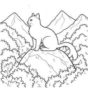 Một con mèo ngồi đậu trên đỉnh một tảng đá phủ đầy rêu. Nó hơi hướng về bên trái, một đường cong nhỏ, vui tươi ở cột sống của nó. Tảng đá là một đốm , với các kẽ hở và kết cấu thô. Những bụi cây tươi tốt, dày đặc, bao quanh gốc mèo, kéo dài về phía rìa tảng đá. Những đỉnh núi lởm chởm xa xôi của một dãy núi đá có thể nhìn thấy qua các cành cây của bụi cây, tạo ra một phông nền mờ mịt, trong khí quyển. Bộ lông của mèo có màu kem ấm áp, với những thay đổi tinh tế về tông màu. Một cái đuôi dài màu trắng duy nhất duyên dáng từ lưng của nó, hơi cong xuống dưới. Đuôi dày và mịn, với một điểm tinh tế ở đầu. Nền là một màu xanh lá cây và nâu trầm, gợi ý một cách tinh tế độ sâu của khu rừng. Bố cục được cân bằng cẩn thận, với con mèo là tâm điểm và cảnh quan xung quanh mang lại cảm giác quy mô và yên tĩnh., tranh tô màu đen trắng, phong cách lowbook, nghệ thuật đường nét, đơn sắc, không màu, không bóng, không xám, không tô màu, nền trắng, chỉ phác thảo, phong cách vector, thiết kế phẳng, 2d, chính xác một đuôi duy nhất, hoàn toàn không tô màu đen,  Nội thất trắng tinh khiết, không có miếng mực, không văn bản, không từ, không tiêu đề, hoàn toàn không màu, chỉ có lineart đen trắng tinh khiết