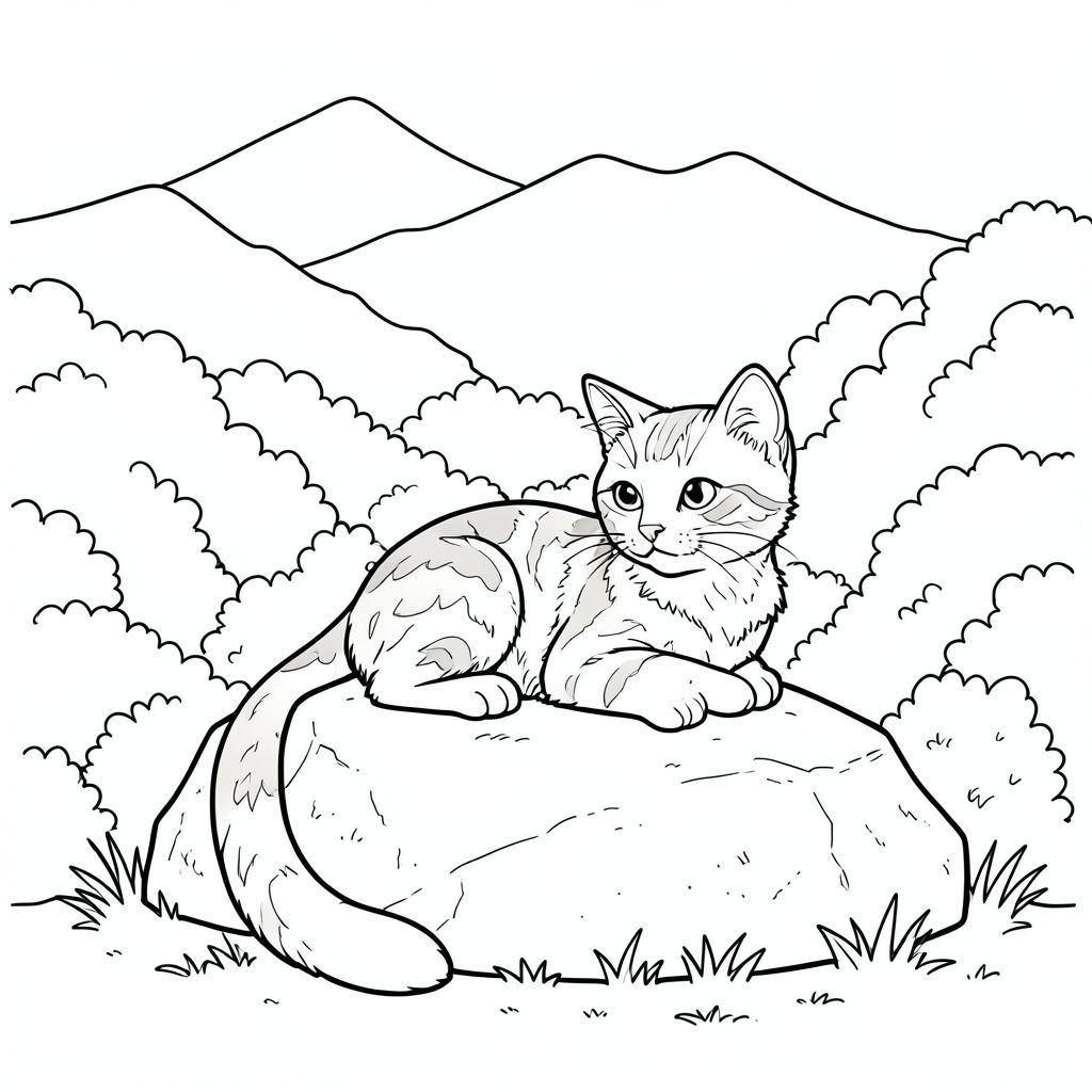 Một chú mèo mướp nhỏ nằm thoải mái trên một tảng đá phủ đầy rêu. Đầu con mèo hơi nghiêng, nhìn về phía một dãy núi mờ mịt xa xôi. Một mảng cỏ nhỏ bao quanh tảng đá, có kết cấu tinh tế với những đường nhô nhỏ. Đằng sau con mèo, một bụi cây rậm rạp, mượt mà che khuất tầm nhìn, tạo ra một phông nền mềm mại, im lặng.

Bộ lông của mèo là sự pha trộn giữa màu nâu ấm và kem, với những biến thể tinh tế về tông màu. Bàn chân của nó được giấu gọn gàng bên dưới cơ thể, và đuôi của nó là một chùm lông dài màu trắng, kéo dài gần như xuống đất. Đuôi hơi nghiêng sang trái, uốn cong duyên dáng.

Nền là một lớp rửa của, kết cấu, gợi ý một bầu trời mát mẻ, u ám. Các chi tiết tinh tế, nhiều lớp của bụi cây tạo thêm chiều sâu và cảm giác hoang dã, không có bất kỳ màu sắc nào. Dãy núi là một hình bóng mờ mịt, xa xôi, hầu như không thể nhận thấy. Hiệu ứng tổng thể là một trong những sự yên tĩnh thanh bình và sự hiện diện nhẹ nhàng, cảnh giác., tranh tô màu đen trắng, phong cách lowbook, nghệ thuật đường nét, đơn sắc, không màu, không đổ bóng, không xám, không tô màu, nền trắng, chỉ phác thảo, phong cách vector, thiết kế phẳng, 2d, chính xác một đuôi duy nhất, hoàn toàn không tô màu đen, nội thất trắng tinh khiết, không có miếng mực, không có văn bản, không có từ,  Không có tiêu đề, hoàn toàn không có màu, chỉ có lineart đen trắng thuần túy