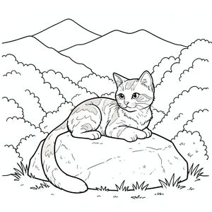 Một chú mèo mướp nhỏ nằm thoải mái trên một tảng đá phủ đầy rêu. Đầu con mèo hơi nghiêng, nhìn về phía một dãy núi mờ mịt xa xôi. Một mảng cỏ nhỏ bao quanh tảng đá, có kết cấu tinh tế với những đường nhô nhỏ. Đằng sau con mèo, một bụi cây rậm rạp, mượt mà che khuất tầm nhìn, tạo ra một phông nền mềm mại, im lặng.

Bộ lông của mèo là sự pha trộn giữa màu nâu ấm và kem, với những biến thể tinh tế về tông màu. Bàn chân của nó được giấu gọn gàng bên dưới cơ thể, và đuôi của nó là một chùm lông dài màu trắng, kéo dài gần như xuống đất. Đuôi hơi nghiêng sang trái, uốn cong duyên dáng.

Nền là một lớp rửa của, kết cấu, gợi ý một bầu trời mát mẻ, u ám. Các chi tiết tinh tế, nhiều lớp của bụi cây tạo thêm chiều sâu và cảm giác hoang dã, không có bất kỳ màu sắc nào. Dãy núi là một hình bóng mờ mịt, xa xôi, hầu như không thể nhận thấy. Hiệu ứng tổng thể là một trong những sự yên tĩnh thanh bình và sự hiện diện nhẹ nhàng, cảnh giác., tranh tô màu đen trắng, phong cách lowbook, nghệ thuật đường nét, đơn sắc, không màu, không đổ bóng, không xám, không tô màu, nền trắng, chỉ phác thảo, phong cách vector, thiết kế phẳng, 2d, chính xác một đuôi duy nhất, hoàn toàn không tô màu đen, nội thất trắng tinh khiết, không có miếng mực, không có văn bản, không có từ,  Không có tiêu đề, hoàn toàn không có màu, chỉ có lineart đen trắng thuần túy