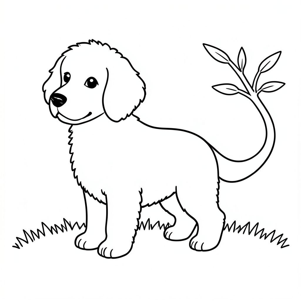 Một nhỏ, lông tơ đứng ở giữa. Đầu của nó hơi nghiêng về phía trước, hơi nhìn sang trái. Một cành đơn giản, màu trắng được đặt ở bên phải, uốn cong nhẹ nhàng. Cơ thể của chó thon dài và tròn trịa, với một đường cong nhẹ nhàng về phía lưng. Một cái đuôi màu trắng duy nhất kéo dài từ phía sau phần dưới cơ thể của nó. Nền là một trang tô màu mềm, cỏ., đen trắng, phong cách lowbook, nghệ thuật đường nét, đơn sắc, không màu, không đổ bóng, không xám, không tô màu, nền trắng, chỉ phác thảo, phong cách vector, thiết kế phẳng, 2d, chính xác một đuôi duy nhất, hoàn toàn không tô màu đen, nội thất trắng tinh khiết, không có miếng mực, không văn bản, không từ, không tiêu đề, hoàn toàn không màu, chỉ nghệ thuật đen trắng thuần túy