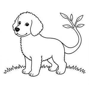 Một nhỏ, lông tơ đứng ở giữa. Đầu của nó hơi nghiêng về phía trước, hơi nhìn sang trái. Một cành đơn giản, màu trắng được đặt ở bên phải, uốn cong nhẹ nhàng. Cơ thể của chó thon dài và tròn trịa, với một đường cong nhẹ nhàng về phía lưng. Một cái đuôi màu trắng duy nhất kéo dài từ phía sau phần dưới cơ thể của nó. Nền là một trang tô màu mềm, cỏ., đen trắng, phong cách lowbook, nghệ thuật đường nét, đơn sắc, không màu, không đổ bóng, không xám, không tô màu, nền trắng, chỉ phác thảo, phong cách vector, thiết kế phẳng, 2d, chính xác một đuôi duy nhất, hoàn toàn không tô màu đen, nội thất trắng tinh khiết, không có miếng mực, không văn bản, không từ, không tiêu đề, hoàn toàn không màu, chỉ nghệ thuật đen trắng thuần túy