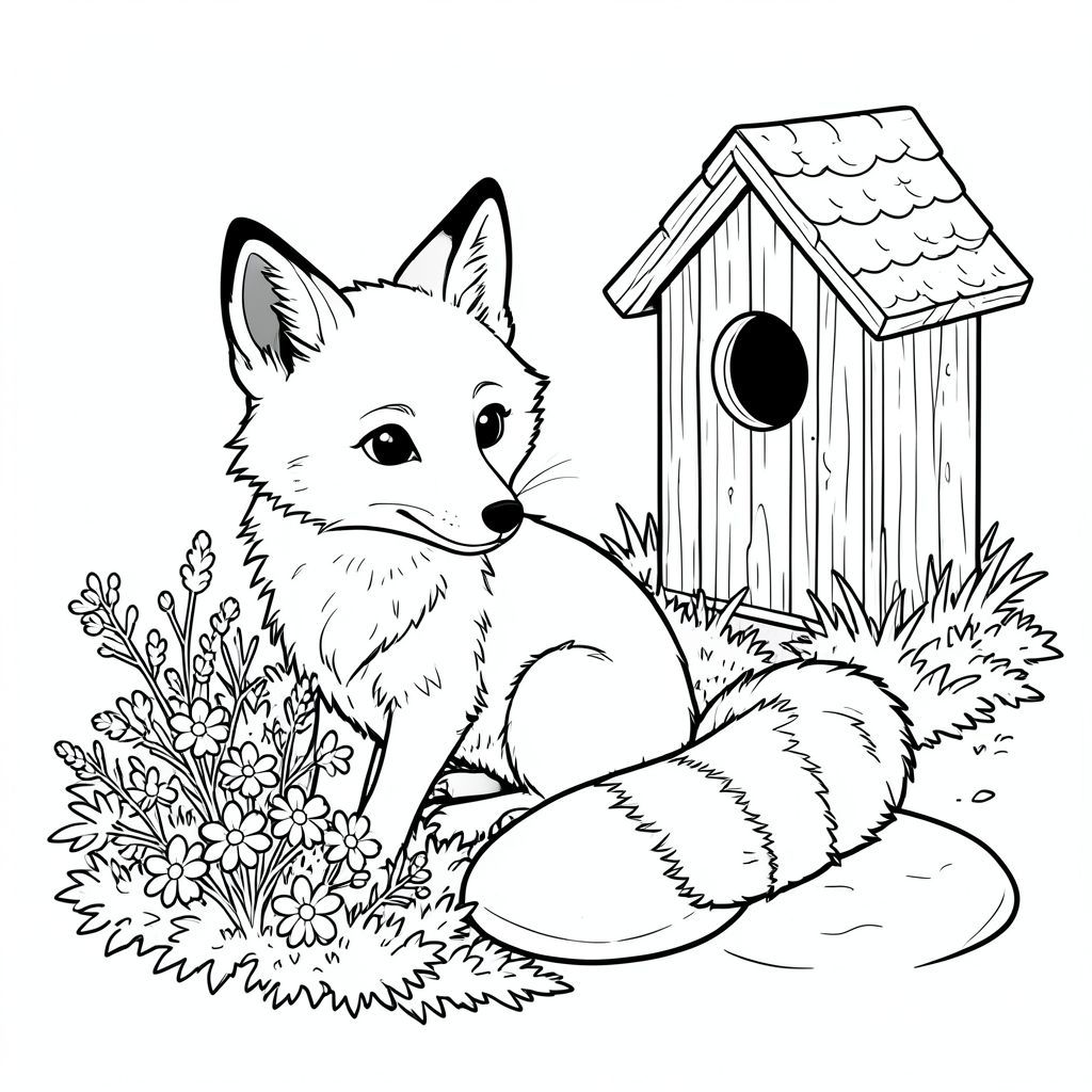 Một con cáo nhỏ, lông tơ ngồi nép mình giữa một luống rêu. Một tảng đá sông mịn nằm gần đó, bị che khuất một phần bởi một cụm hoa dại mỏng manh. Một chuồng chim nhỏ bằng gỗ bị phong hóa hơi lệch sang một bên, mái của nó có kết cấu màu trắng. Bộ lông của cáo là một bộ lông ấm áp, tắt tiếng , và đuôi của nó là một dải dài, sọc , phong phú . Các đường nét đặc biệt tinh tế và chính xác, tạo cảm giác chuyển động nhẹ nhàng. Nền là một trang tô màu đơn giản, trắng., đen trắng, phong cách lowbook, nghệ thuật đường nét, đơn sắc, không màu, không bóng, không xám, không điền, nền trắng, chỉ phác thảo, phong cách vector, thiết kế phẳng, 2d, chính xác một đuôi duy nhất, hoàn toàn không tô màu đen, nội thất trắng tinh khiết, không có miếng mực, không có văn bản, không từ, không tiêu đề, hoàn toàn không màu, chỉ nghệ thuật đen trắng thuần túy