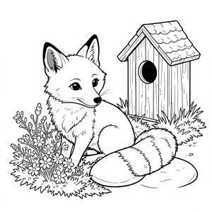 Một con cáo nhỏ, lông tơ ngồi nép mình giữa một luống rêu. Một tảng đá sông mịn nằm gần đó, bị che khuất một phần bởi một cụm hoa dại mỏng manh. Một chuồng chim nhỏ bằng gỗ bị phong hóa hơi lệch sang một bên, mái của nó có kết cấu màu trắng. Bộ lông của cáo là một bộ lông ấm áp, tắt tiếng , và đuôi của nó là một dải dài, sọc , phong phú . Các đường nét đặc biệt tinh tế và chính xác, tạo cảm giác chuyển động nhẹ nhàng. Nền là một trang tô màu đơn giản, trắng., đen trắng, phong cách lowbook, nghệ thuật đường nét, đơn sắc, không màu, không bóng, không xám, không điền, nền trắng, chỉ phác thảo, phong cách vector, thiết kế phẳng, 2d, chính xác một đuôi duy nhất, hoàn toàn không tô màu đen, nội thất trắng tinh khiết, không có miếng mực, không có văn bản, không từ, không tiêu đề, hoàn toàn không màu, chỉ nghệ thuật đen trắng thuần túy