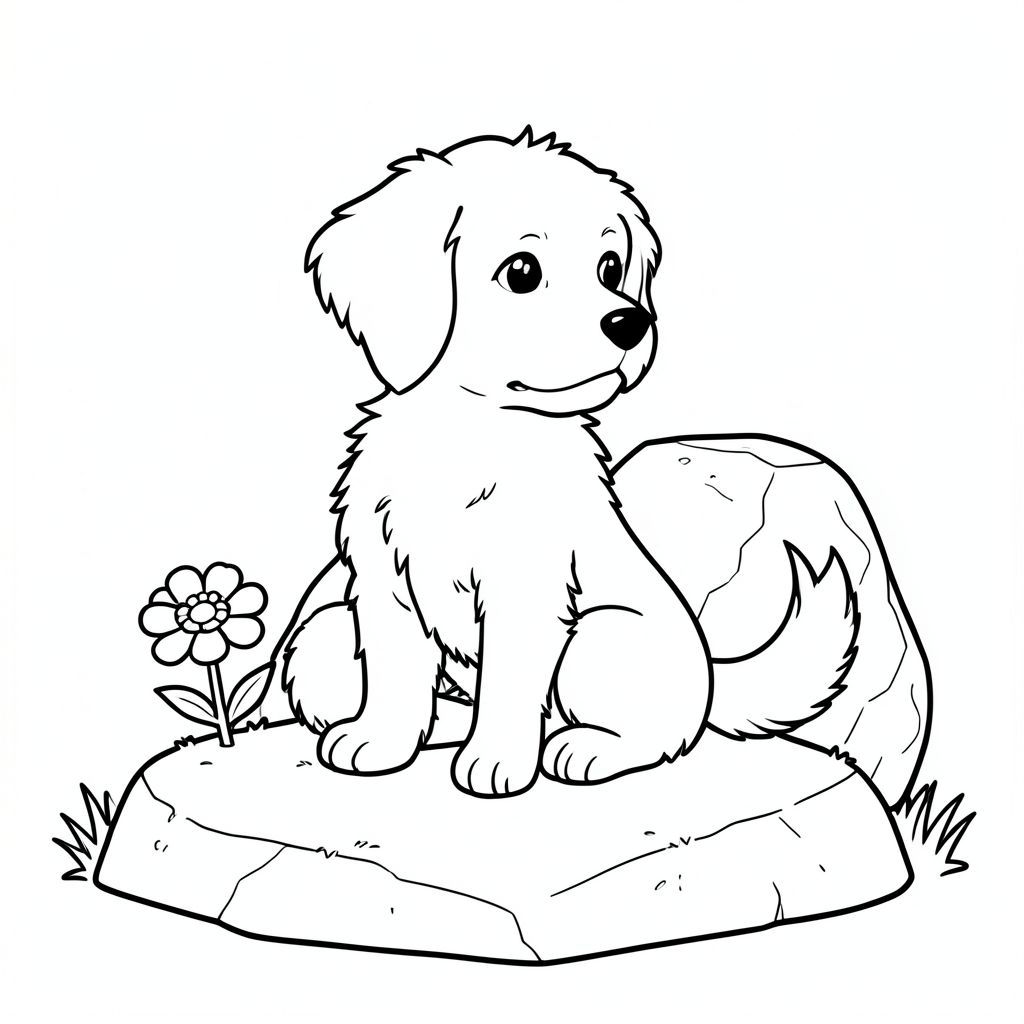 Một nhỏ, lông tơ ngồi chăm chú trên một tảng đá rêu phong. Một bông hoa nhỏ nằm bên cạnh, cánh hoa hơi rủ xuống. Một hòn đá bị phong hóa nằm hơi phía sau, tạo ra một . Đầu của hơi nghiêng, mắt nó tập trung vào một mảng cỏ ở xa. Một cái đuôi ngắn, màu trắng duy nhất kéo dài từ lưng, uốn cong duyên dáng. Các đường nét chính xác và tinh tế, tạo cảm giác chuyển động bình tĩnh và nhẹ nhàng. Nền là một màu mềm mại, trung tính, với các biến thể tinh tế về tông màu để gợi ý chiều sâu., trang tô màu đen trắng, phong cách lowbook, nghệ thuật đường nét, đơn sắc, không màu, không bóng, không xám, không tô màu, nền trắng, chỉ phác thảo, phong cách vector, thiết kế phẳng, 2d, chính xác một đuôi duy nhất, hoàn toàn không tô màu đen, nội thất trắng tinh khiết, không có miếng mực, không có văn bản,  Không từ, không tiêu đề, hoàn toàn không màu, chỉ có lineart đen trắng thuần túy