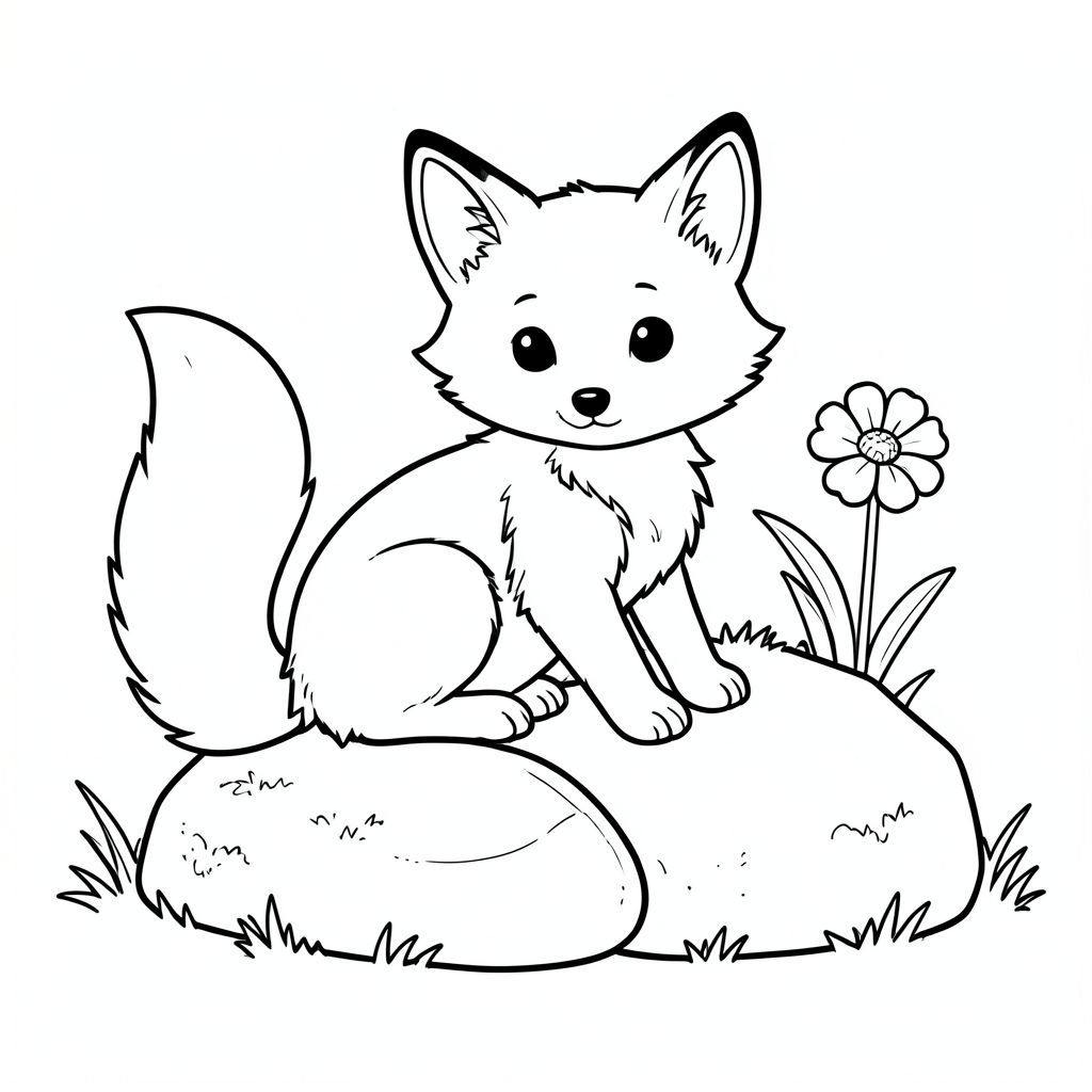 Một con cáo nhỏ, lông tơ ngồi nép mình trên một tảng đá rêu phong. Một bông hoa nhỏ, được đặt ở bên phải của nó, cánh hoa của nó hơi rủ xuống. Một tảng đá nhẵn nằm bên cạnh tảng đá, che khuất một phần sườn của con cáo. Bộ lông của cáo ấm áp, và đôi mắt của nó là một , mời gọi . Một cái đuôi dài màu trắng duy nhất kéo dài từ lưng, uốn cong duyên dáng. Nền là một kết cấu mềm, tinh tế để gợi ý cỏ. Các đường nét chính xác và tinh tế, tạo cảm giác bình tĩnh và tĩnh lặng., tranh tô màu đen trắng, phong cách lowbook, nghệ thuật đường nét, đơn sắc, không màu, không đổ bóng, không xám, không tô màu, nền trắng, chỉ phác thảo, phong cách vector, thiết kế phẳng, 2d, chính xác một đuôi duy nhất, hoàn toàn không tô màu đen, nội thất trắng tinh khiết, không có miếng mực, không có văn bản, không có từ,  Không có tiêu đề, hoàn toàn không có màu, chỉ có lineart đen trắng thuần túy