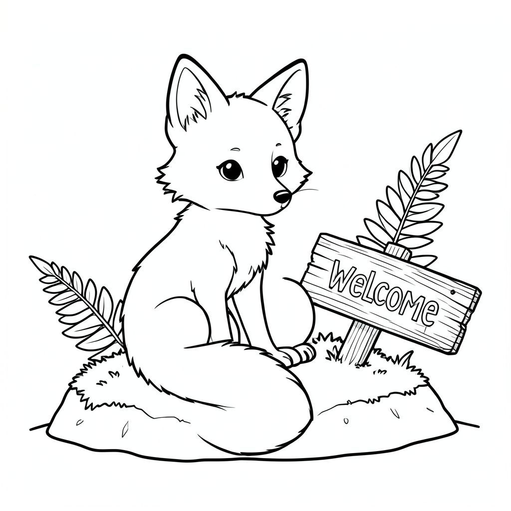 Một con cáo nhỏ, lông tơ ngồi nép mình trên một tảng đá rêu phong. Một tấm biển gỗ nhỏ, bị phong hóa hơi nghiêng sang một bên, hiển thị từ "Chào mừng". Một cây dương xỉ mọc gần đó, những chiếc lá mỏng manh của nó hơi xòe ra. Bộ lông của cáo có màu kem, và đôi mắt của nó là một , tò mò . Một đường mỏng kéo dài từ lưng dưới của nó, tạo thành một cái đuôi. Nền là một mềm mại, tắt tiếng , tạo cảm giác chiều sâu. Nghệ thuật đường nét được tỉ mỉ chi tiết, với các cạnh sắc nét, chính xác. Không gian bên trong là màu trắng tinh khiết, cho phép hình dạng của cáo nổi bật., tranh tô màu đen trắng, phong cách lowbook, nghệ thuật đường nét, đơn sắc, không màu, không bóng, không xám, không tô màu, nền trắng, chỉ phác thảo, kiểu vector, thiết kế phẳng, 2d, chính xác một đuôi duy nhất, hoàn toàn không tô màu đen, nội thất trắng tinh khiết, không có miếng mực, không có văn bản,  Không từ, không tiêu đề, hoàn toàn không màu, chỉ có lineart đen trắng thuần túy