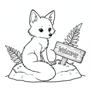 Một con cáo nhỏ, lông tơ ngồi nép mình trên một tảng đá rêu phong. Một tấm biển gỗ nhỏ, bị phong hóa hơi nghiêng sang một bên, hiển thị từ "Chào mừng". Một cây dương xỉ mọc gần đó, những chiếc lá mỏng manh của nó hơi xòe ra. Bộ lông của cáo có màu kem, và đôi mắt của nó là một , tò mò . Một đường mỏng kéo dài từ lưng dưới của nó, tạo thành một cái đuôi. Nền là một mềm mại, tắt tiếng , tạo cảm giác chiều sâu. Nghệ thuật đường nét được tỉ mỉ chi tiết, với các cạnh sắc nét, chính xác. Không gian bên trong là màu trắng tinh khiết, cho phép hình dạng của cáo nổi bật., tranh tô màu đen trắng, phong cách lowbook, nghệ thuật đường nét, đơn sắc, không màu, không bóng, không xám, không tô màu, nền trắng, chỉ phác thảo, kiểu vector, thiết kế phẳng, 2d, chính xác một đuôi duy nhất, hoàn toàn không tô màu đen, nội thất trắng tinh khiết, không có miếng mực, không có văn bản,  Không từ, không tiêu đề, hoàn toàn không màu, chỉ có lineart đen trắng thuần túy