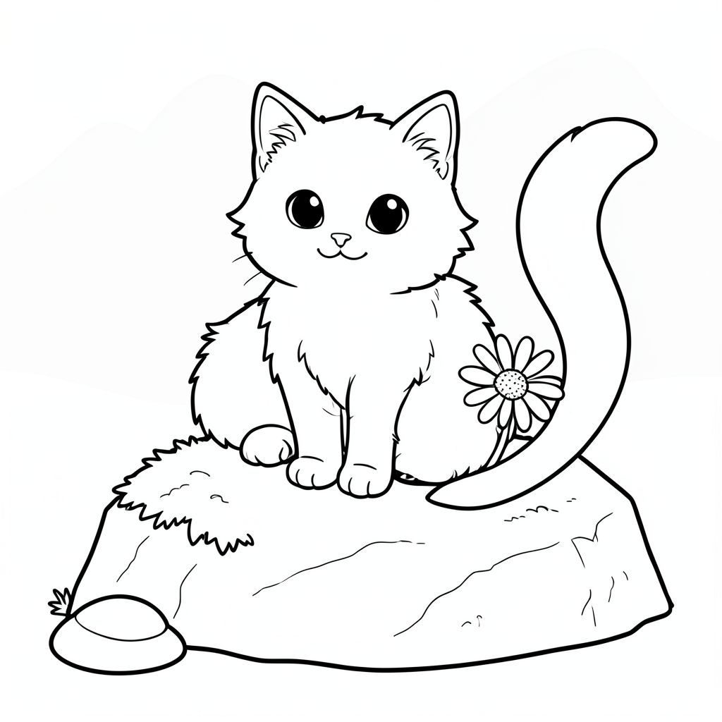 Một con mèo nhỏ, lông tơ ngồi nép mình trên một tảng đá rêu phong. Một cái đuôi dài màu trắng duy nhất vươn ra duyên dáng từ lưng, hơi cong. Khuôn mặt của chú mèo được xác định nhẹ nhàng, với đôi mắt to và dịu dàng. Một bông hoa nhỏ, rực rỡ - một bông hoa cúc - nằm bên cạnh, bị che khuất một phần bởi lông mèo. Đá có màu, có kết cấu với các đường gờ tinh tế. Một hòn đá nhỏ, nhẵn, nằm gần bàn chân của con mèo. Nền là một vùng mềm mại, hơi mờ của các tông màu trung tính - chủ yếu và - tạo cảm giác sâu sắc và yên tĩnh., trang tô màu đen trắng, phong cách lowbook, nghệ thuật đường nét, đơn sắc, không màu, không bóng, không xám, không tô màu, nền trắng, chỉ phác thảo, phong cách vector, thiết kế phẳng, 2d, chính xác một đuôi duy nhất, hoàn toàn không tô màu đen, nội thất trắng tinh khiết,  Không có miếng mực, không văn bản, không từ, không tiêu đề, hoàn toàn không màu, chỉ có lineart đen trắng thuần túy