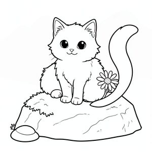 Một con mèo nhỏ, lông tơ ngồi nép mình trên một tảng đá rêu phong. Một cái đuôi dài màu trắng duy nhất vươn ra duyên dáng từ lưng, hơi cong. Khuôn mặt của chú mèo được xác định nhẹ nhàng, với đôi mắt to và dịu dàng. Một bông hoa nhỏ, rực rỡ - một bông hoa cúc - nằm bên cạnh, bị che khuất một phần bởi lông mèo. Đá có màu, có kết cấu với các đường gờ tinh tế. Một hòn đá nhỏ, nhẵn, nằm gần bàn chân của con mèo. Nền là một vùng mềm mại, hơi mờ của các tông màu trung tính - chủ yếu và - tạo cảm giác sâu sắc và yên tĩnh., trang tô màu đen trắng, phong cách lowbook, nghệ thuật đường nét, đơn sắc, không màu, không bóng, không xám, không tô màu, nền trắng, chỉ phác thảo, phong cách vector, thiết kế phẳng, 2d, chính xác một đuôi duy nhất, hoàn toàn không tô màu đen, nội thất trắng tinh khiết,  Không có miếng mực, không văn bản, không từ, không tiêu đề, hoàn toàn không màu, chỉ có lineart đen trắng thuần túy