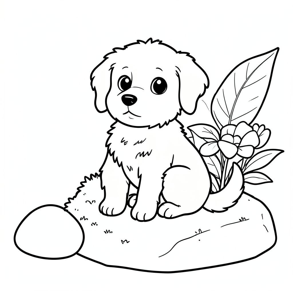 Một nhỏ, lông tơ ngồi nép mình trên một tảng đá rêu phong. Một bông hoa với những cánh hoa mỏng manh nằm gần đó, bị che khuất một phần bởi một chiếc lá lớn. Một hòn đá nhẵn hơi nằm bên trái. Bộ lông của chó có màu rám nắng ấm áp, với một đường gờ hơi nhô lên dọc theo lưng. Khuôn mặt của nó biểu cảm, với đôi mắt to, dịu dàng và chiếc mũi nhỏ, cong. Một cái đuôi màu trắng duy nhất kéo dài từ lưng dưới, uốn cong duyên dáng. Nền là một mềm mại,, tạo cảm giác chiều sâu., trang tô màu đen trắng, phong cách lowbook, nghệ thuật đường nét, đơn sắc, không màu, không bóng, không xám, không điền, nền trắng, chỉ phác thảo, phong cách vector, thiết kế phẳng, 2d, chính xác một đuôi duy nhất, hoàn toàn không tô màu đen, nội thất trắng tinh khiết, không có miếng mực, không có văn bản, không có từ, không có tiêu đề,  Hoàn toàn không có màu, chỉ có lineart đen trắng thuần túy