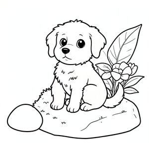 Một nhỏ, lông tơ ngồi nép mình trên một tảng đá rêu phong. Một bông hoa với những cánh hoa mỏng manh nằm gần đó, bị che khuất một phần bởi một chiếc lá lớn. Một hòn đá nhẵn hơi nằm bên trái. Bộ lông của chó có màu rám nắng ấm áp, với một đường gờ hơi nhô lên dọc theo lưng. Khuôn mặt của nó biểu cảm, với đôi mắt to, dịu dàng và chiếc mũi nhỏ, cong. Một cái đuôi màu trắng duy nhất kéo dài từ lưng dưới, uốn cong duyên dáng. Nền là một mềm mại,, tạo cảm giác chiều sâu., trang tô màu đen trắng, phong cách lowbook, nghệ thuật đường nét, đơn sắc, không màu, không bóng, không xám, không điền, nền trắng, chỉ phác thảo, phong cách vector, thiết kế phẳng, 2d, chính xác một đuôi duy nhất, hoàn toàn không tô màu đen, nội thất trắng tinh khiết, không có miếng mực, không có văn bản, không có từ, không có tiêu đề,  Hoàn toàn không có màu, chỉ có lineart đen trắng thuần túy
