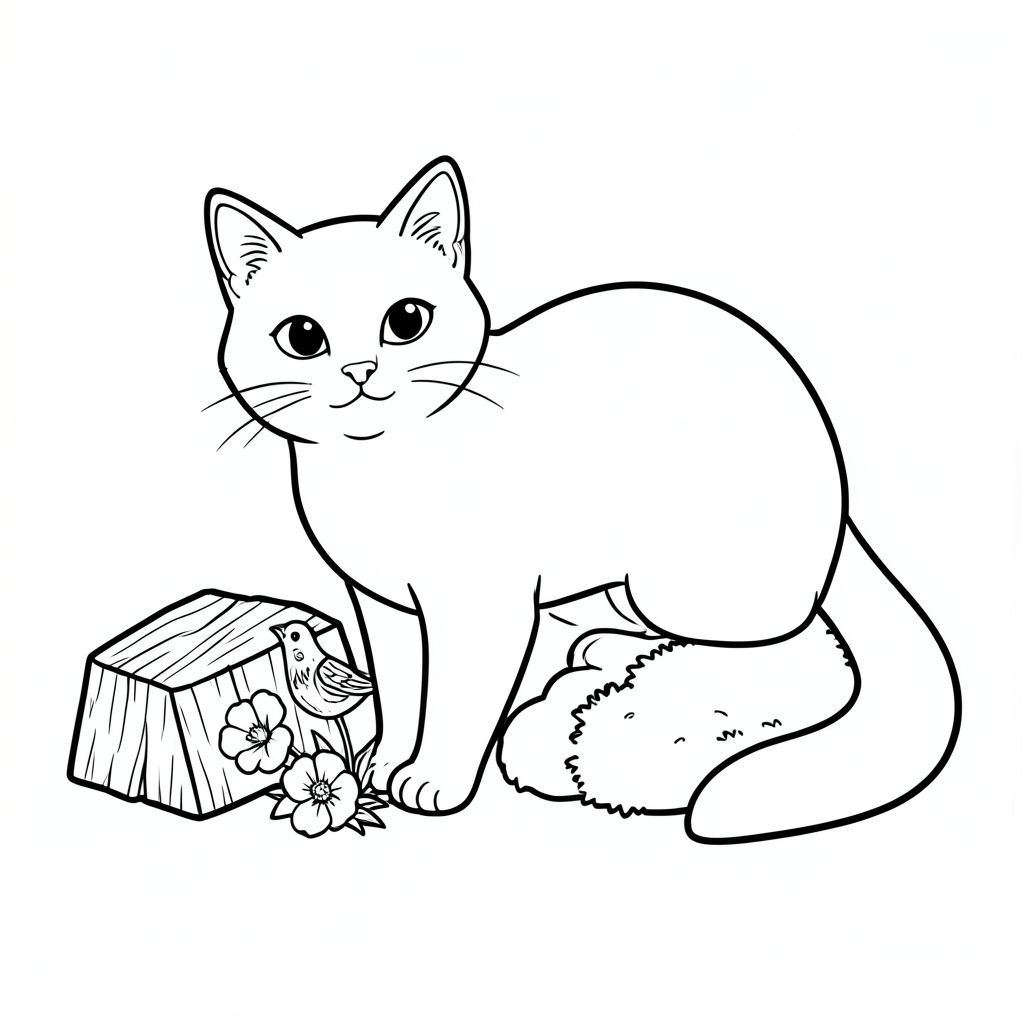 Một con mèo tạo thành trọng tâm trung tâm. Cơ thể của nó có hình dạng mịn, tròn, chủ yếu là một màu. Khuôn mặt của chú mèo được thể hiện một cách tinh tế, với đôi mắt to, dịu dàng và chiếc mũi hơi nhọn. Tai của nó lớn và hình tam giác, nằm trên đầu một chút.

Một tảng đá gỗ nhỏ, bị phong hóa nằm ở bên trái, hơi nghiêng, cung cấp một nơi nghỉ ngơi tự nhiên. Một bông hoa duy nhất, một bông hoa anh túc nhỏ, nằm bên dưới tảng đá, cánh hoa của nó hơi mờ.

Lưng của con mèo nghiêng về phía một tảng đá hơi mờ, phủ đầy rêu. Một con chim gỗ nhỏ, được chạm khắc tinh xảo nép mình giữa rêu, tạo thêm nét quyến rũ mộc mạc.

Toàn bộ bố cục được đóng khung bởi một bóng tối hơn một chút của , tạo cảm giác có chiều sâu. Nền là một trang tô màu đen trắng liền mạch, trắng tinh khiết, phong cách lowbook, nghệ thuật đường nét, đơn sắc, không màu, không bóng, không xám, không điền, nền trắng, chỉ phác thảo, phong cách vector, thiết kế phẳng, 2d, chính xác một đuôi duy nhất, hoàn toàn không tô màu đen, nội thất trắng tinh khiết, không có miếng mực, không văn bản, không từ, không tiêu đề, hoàn toàn không màu,  Chỉ Pure Black and White Linarts