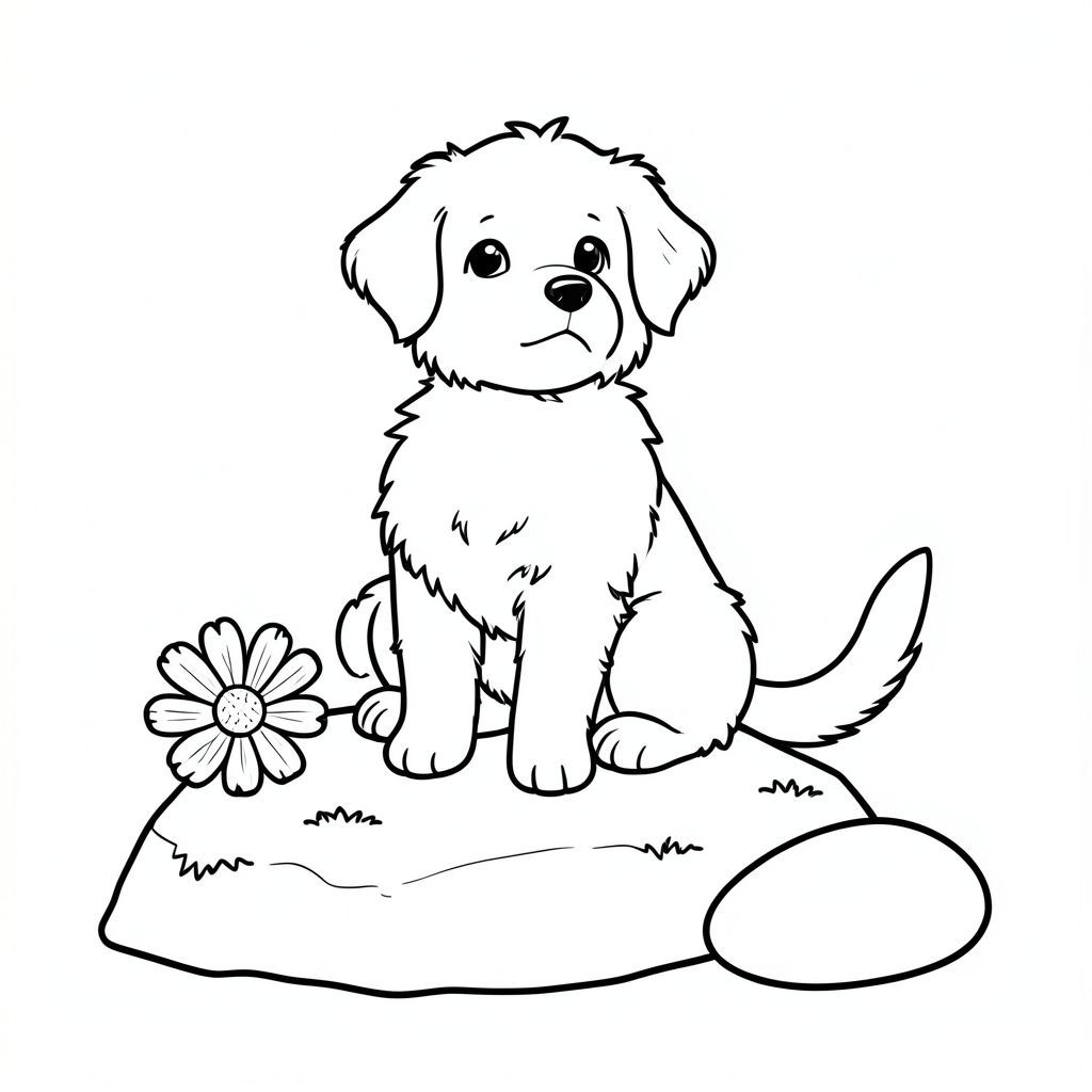 Một nhỏ, lông tơ ngồi chăm chú trên một tảng đá rêu phong. Một cái đuôi dài, duy nhất uốn cong duyên dáng từ lưng dưới của nó. Khuôn mặt của chú chó hơi nghiêng lên trên, để lộ đôi mắt dịu dàng, biểu cảm. Một bông hoa gỗ nhỏ, phong hóa nằm gần đó, cánh hoa hơi mờ. Một tảng đá nhẵn nằm bên cạnh tảng đá, tạo ra một sự tương phản tinh tế. Nền là một màu trắng đơn giản, hơi có kết cấu. Các đường nét chính xác và tinh tế, tạo cảm giác tĩnh lặng., tranh tô màu đen trắng, phong cách lowbook, nghệ thuật đường nét, đơn sắc, không màu, không bóng, không xám, không tô màu, nền trắng, chỉ phác thảo, phong cách vector, thiết kế phẳng, 2d, chính xác một đuôi duy nhất, hoàn toàn không tô màu đen, nội thất trắng tinh khiết, không có miếng mực, không có văn bản, không có từ,  Không có tiêu đề, hoàn toàn không có màu, chỉ có lineart đen trắng thuần túy